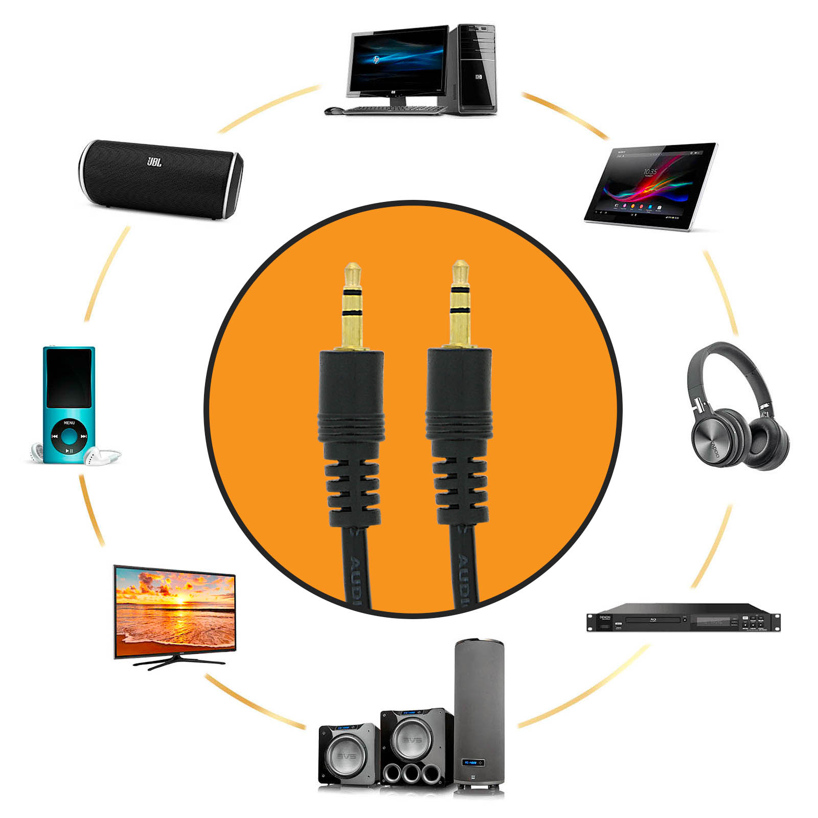 Cables de audio, un altavoz, una tableta, un portátil, auriculares, un reproductor de DVD y un televisor están dispuestos.
