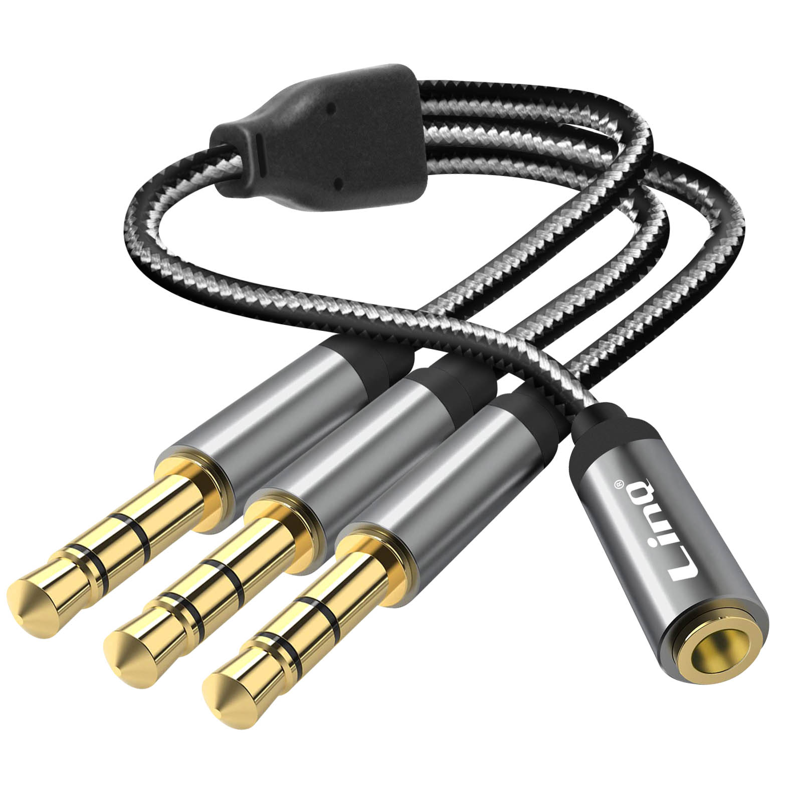 Audio-Splitterkabel. Graues Gehäuse, drei vergoldete 3,5-mm-Buchsen.
