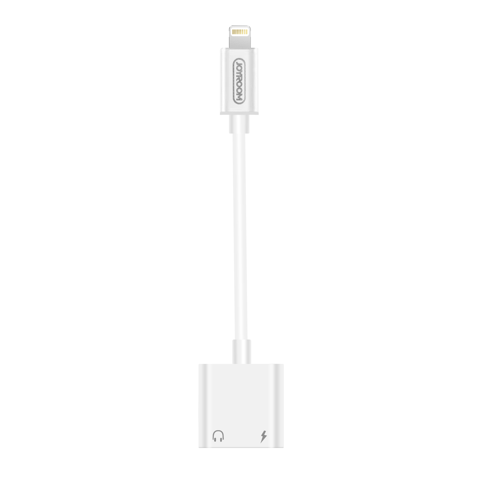 Adaptador de teléfono blanco. Conector Lightning arriba, adaptador y puerto Lightning abajo.