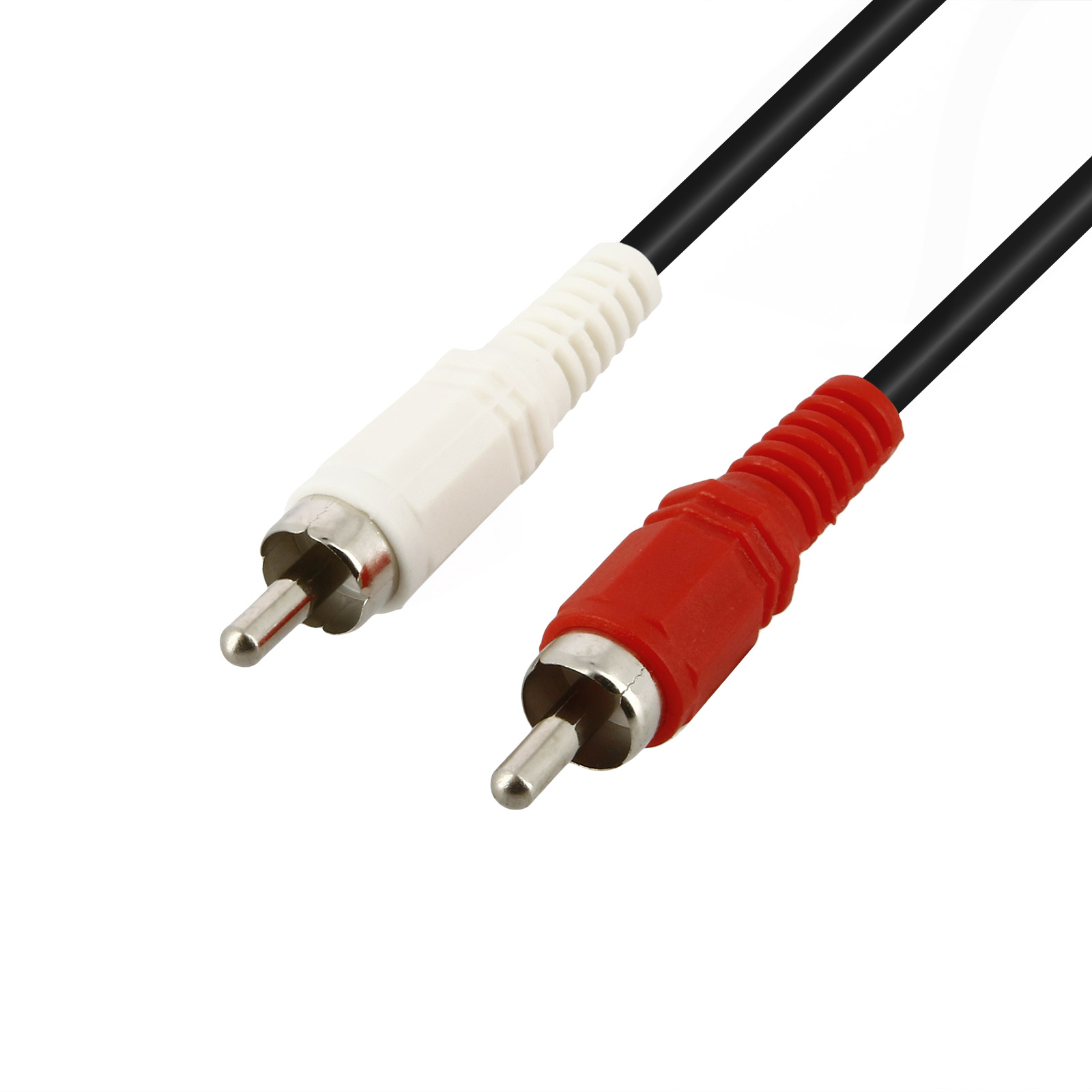 Dos cables de audio RCA, uno blanco, uno rojo, con conectores plateados. Cable negro.