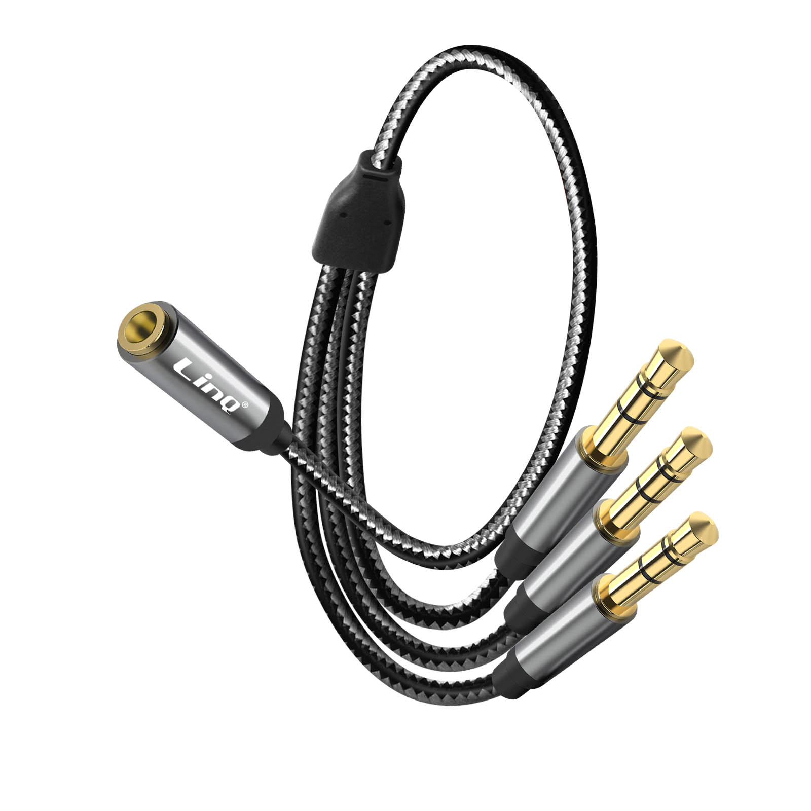 Audio-Splitterkabel mit drei 3,5-mm-Klinken und einem Buchsenanschluss.