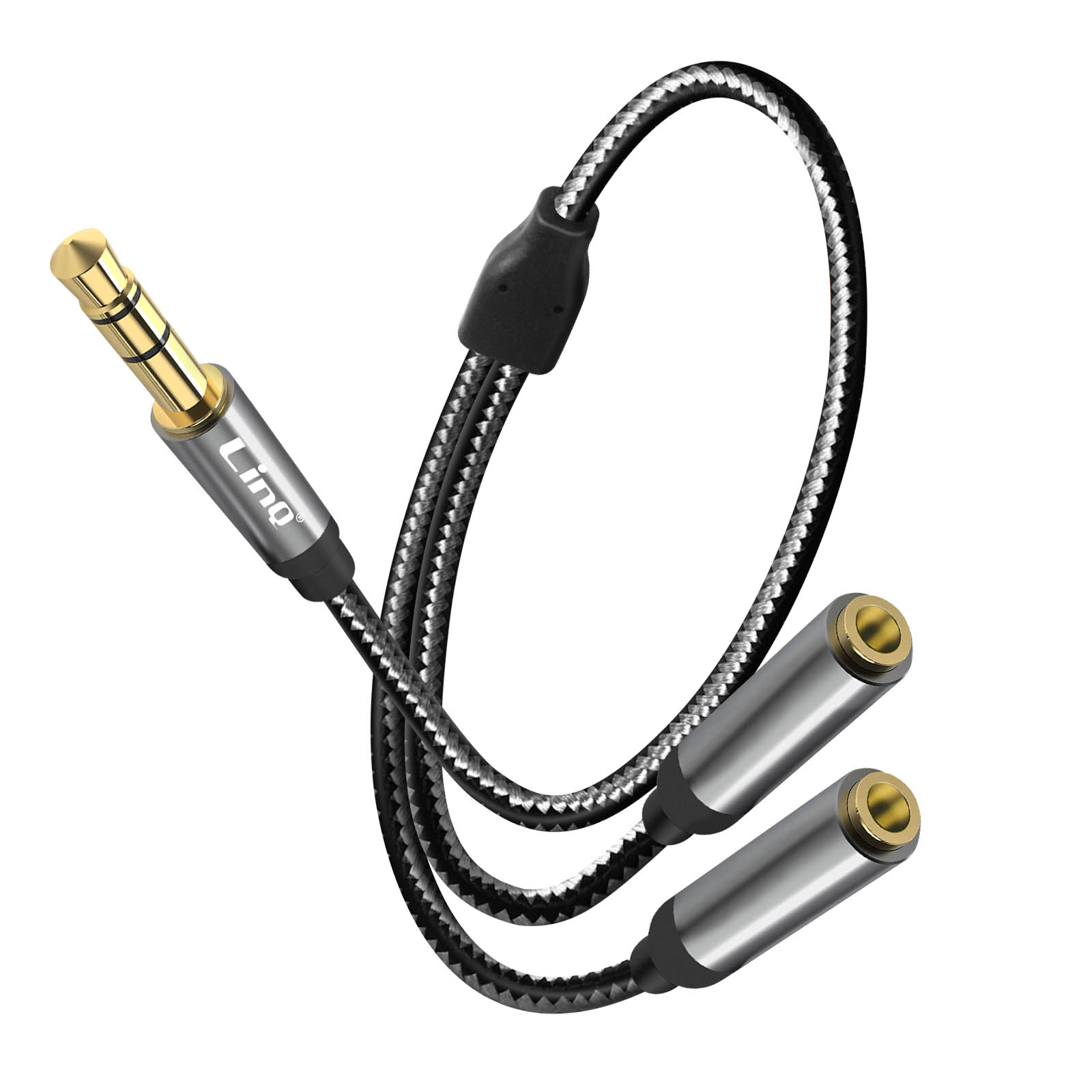 Un cable de audio dorado y plateado con dos extremos hembra y un extremo macho, marcado con 'Ling'.