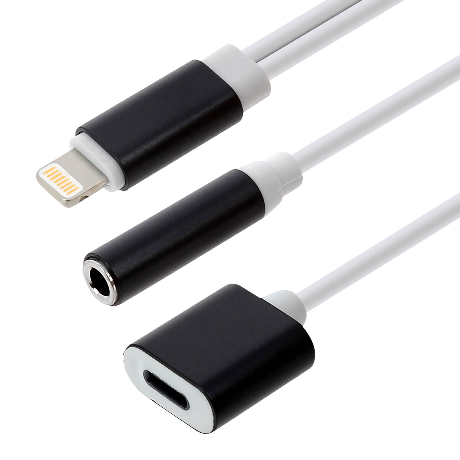 Cables adaptadores de audio blancos con conectores Lightning y USB-C.