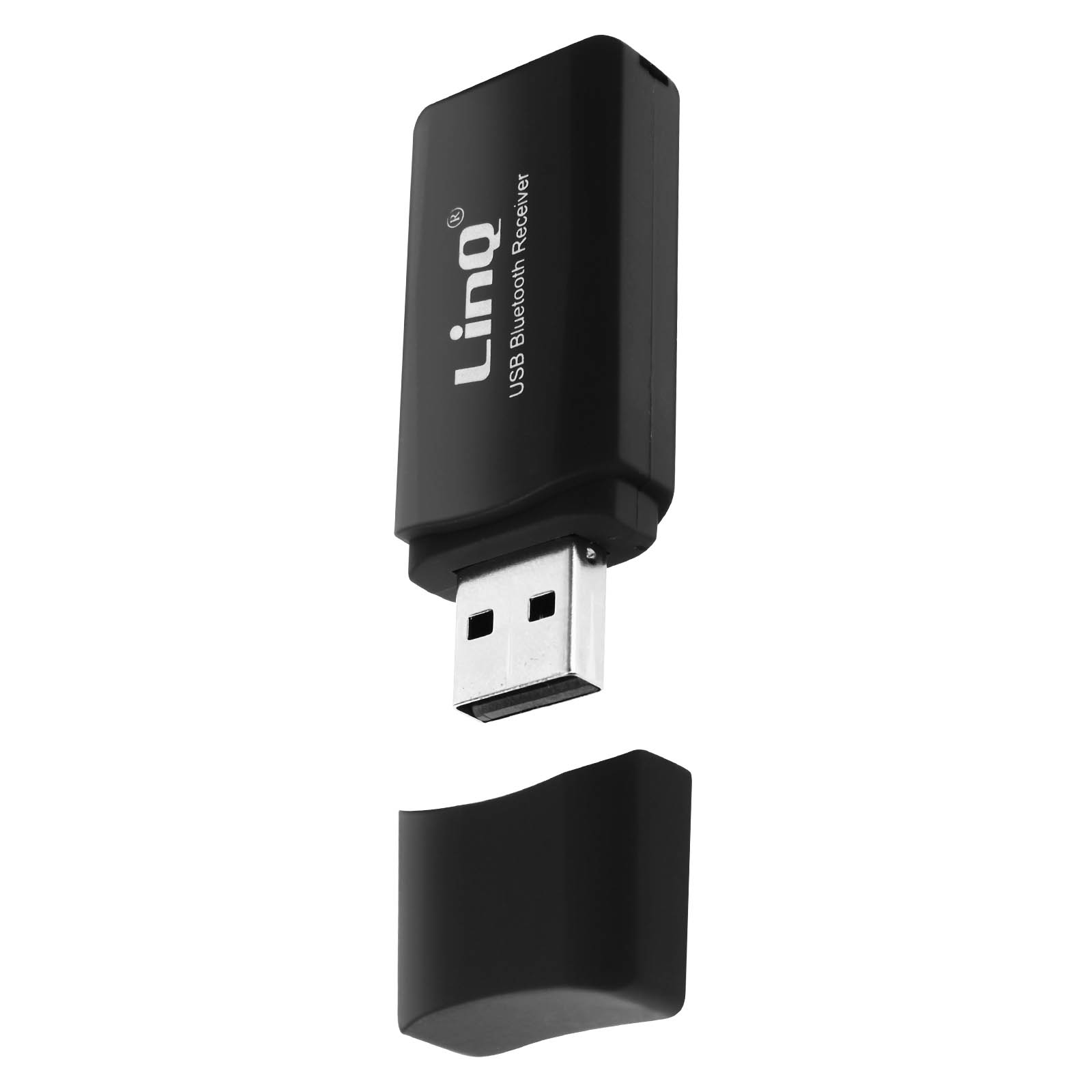 Un ricevitore Bluetooth USB nero con una porta USB e un coperchio, su sfondo bianco.