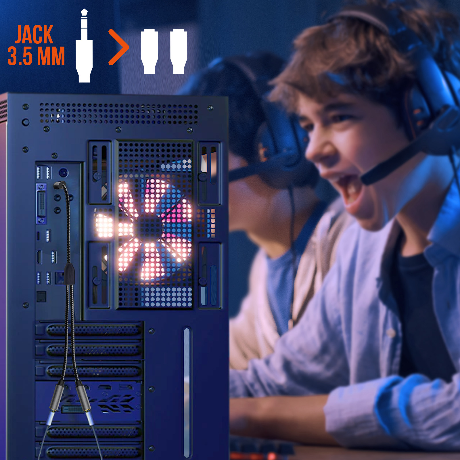 Una persona con auriculares, ordenador y cable de audio.