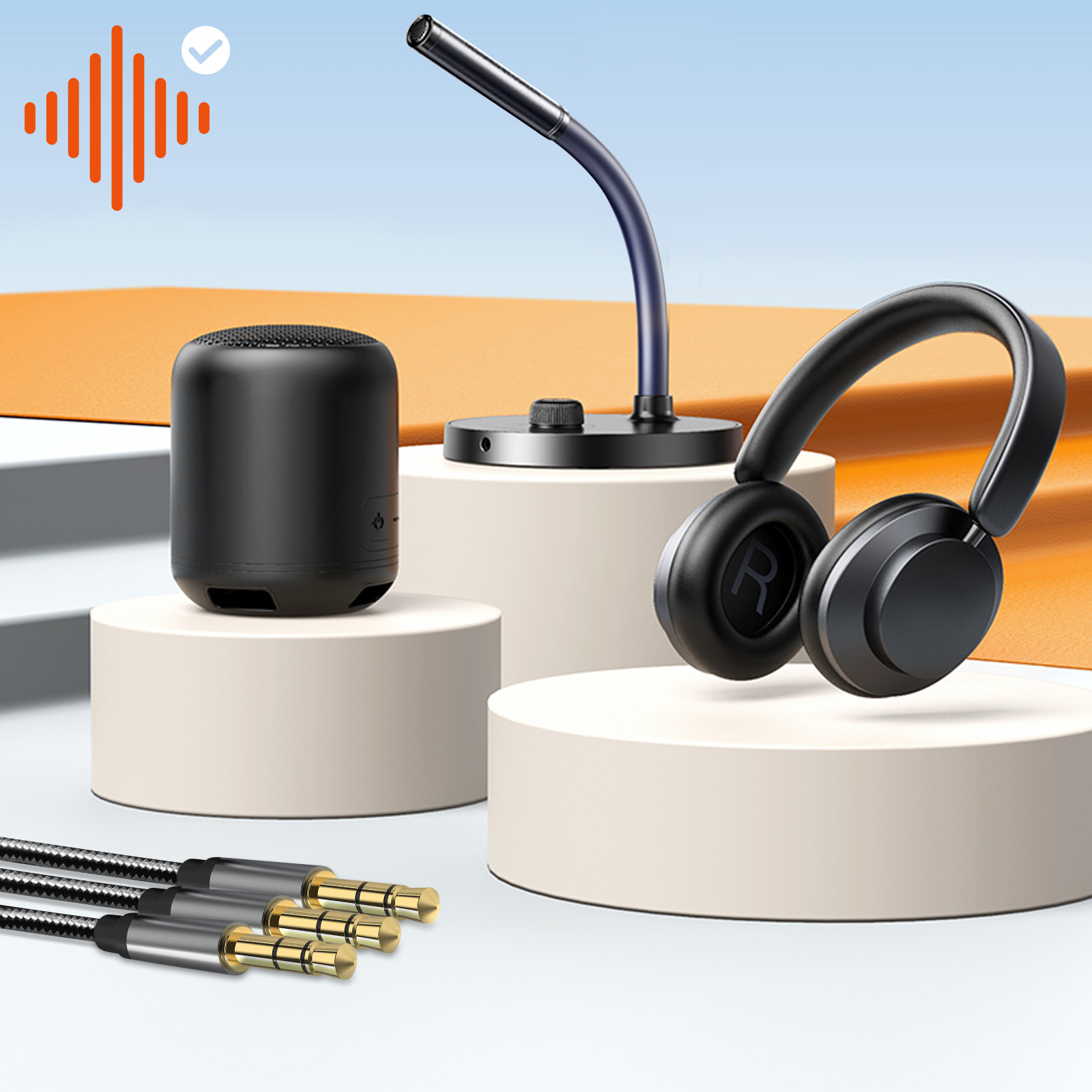 Ein Lautsprecher, ein Mikrofon und Kopfhörer stehen auf einem Podest. Kabel und Audiosymbol sind sichtbar.