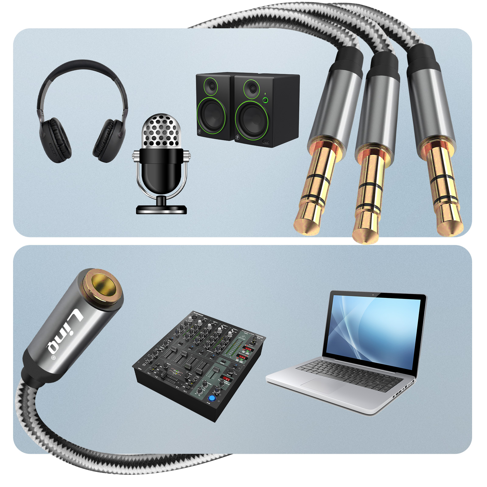 Audioausrüstung: Kopfhörer, Mikrofon, Lautsprecher und Kabel mit goldfarbenen Buchsen und ein Laptop.