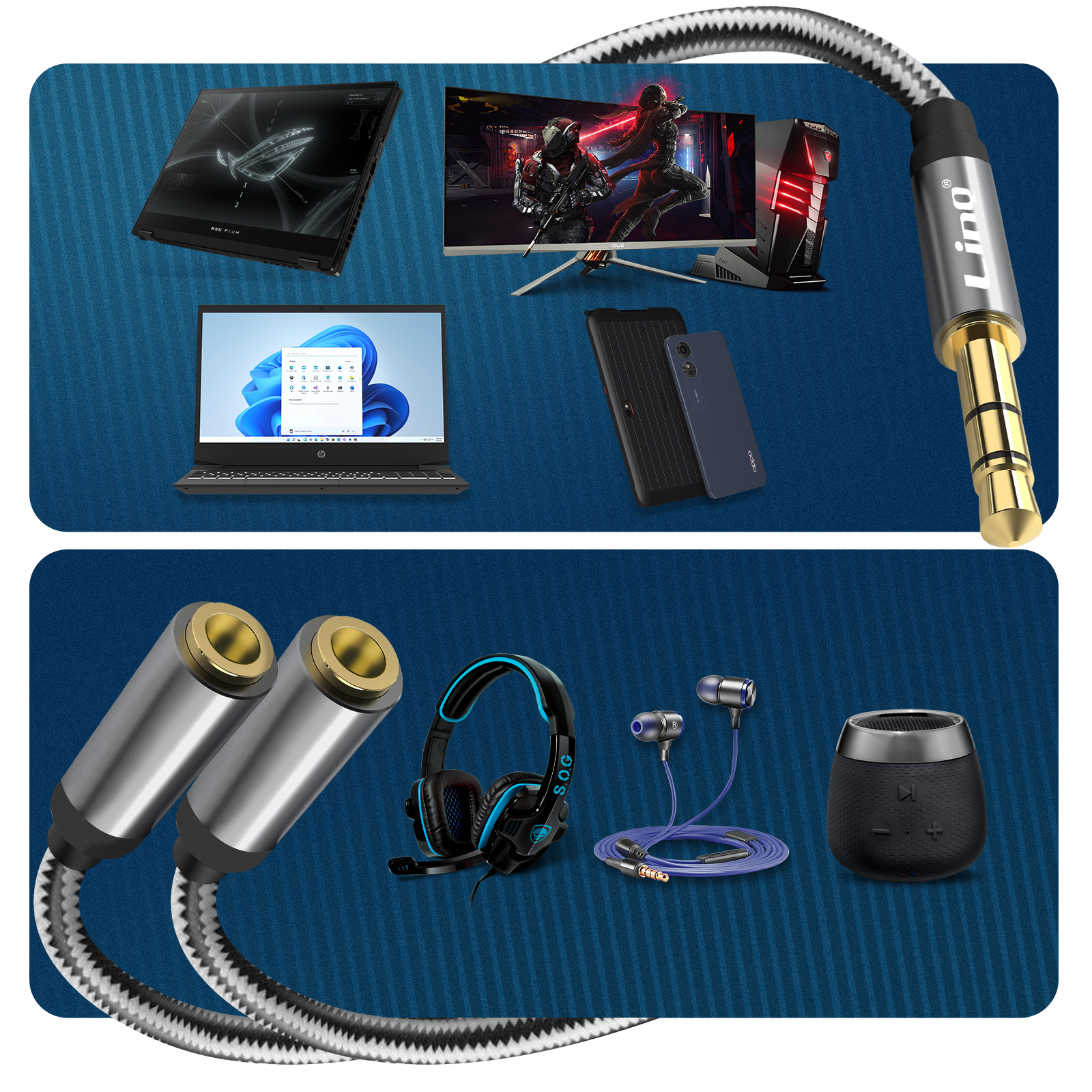 Surtido de dispositivos de audio y video, incluyendo un cable jack y varios gadgets.