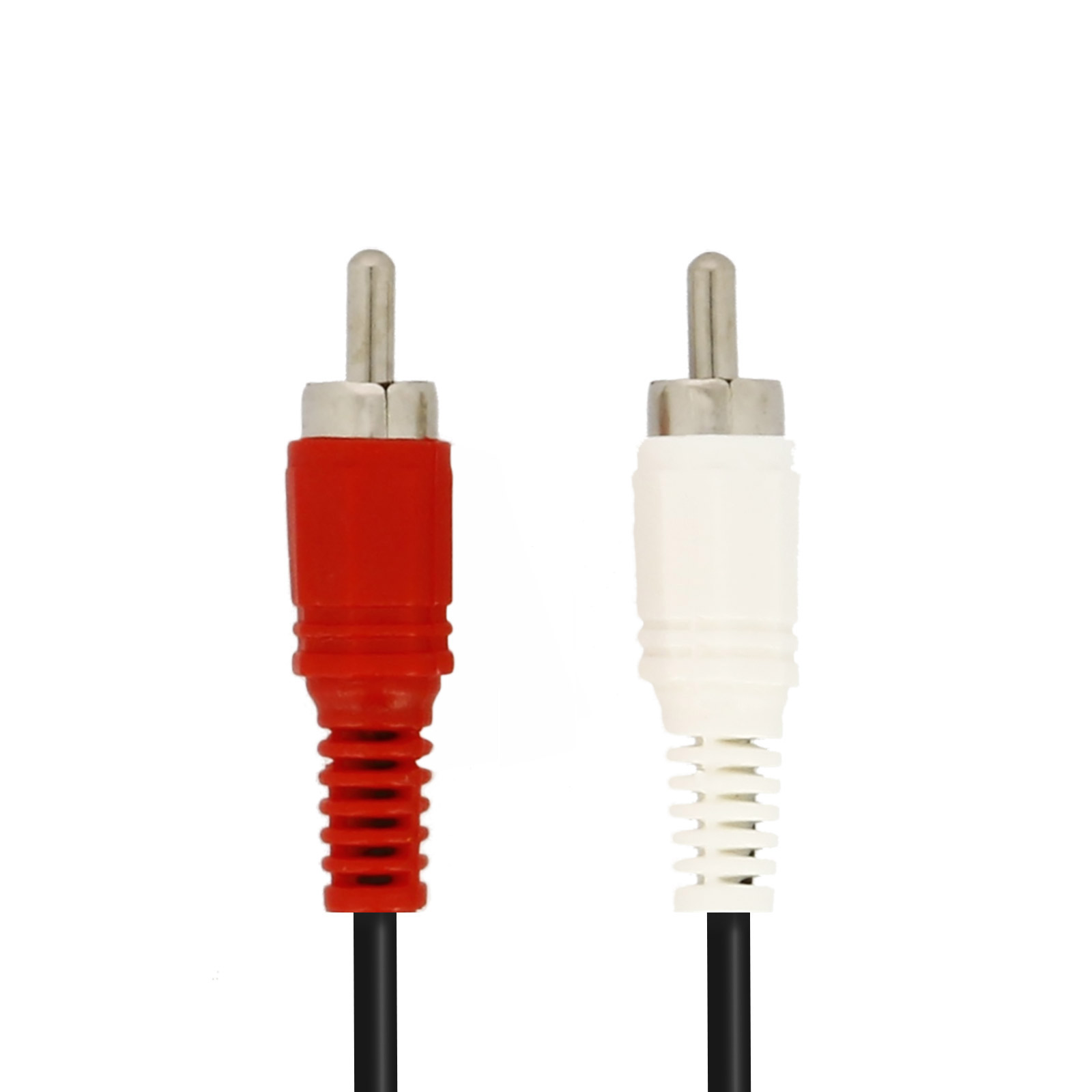 Cables de audio rojos y blancos. Cable rojo a la izquierda, blanco a la derecha. Cables negros.