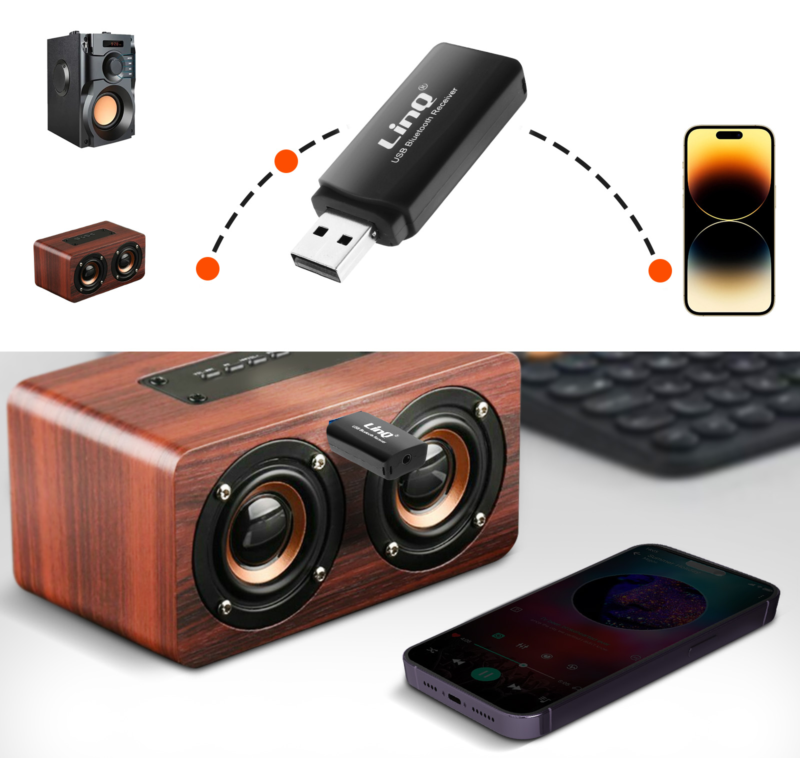 Ricevitore Bluetooth USB nero con altoparlante e telefono su superficie bianca.