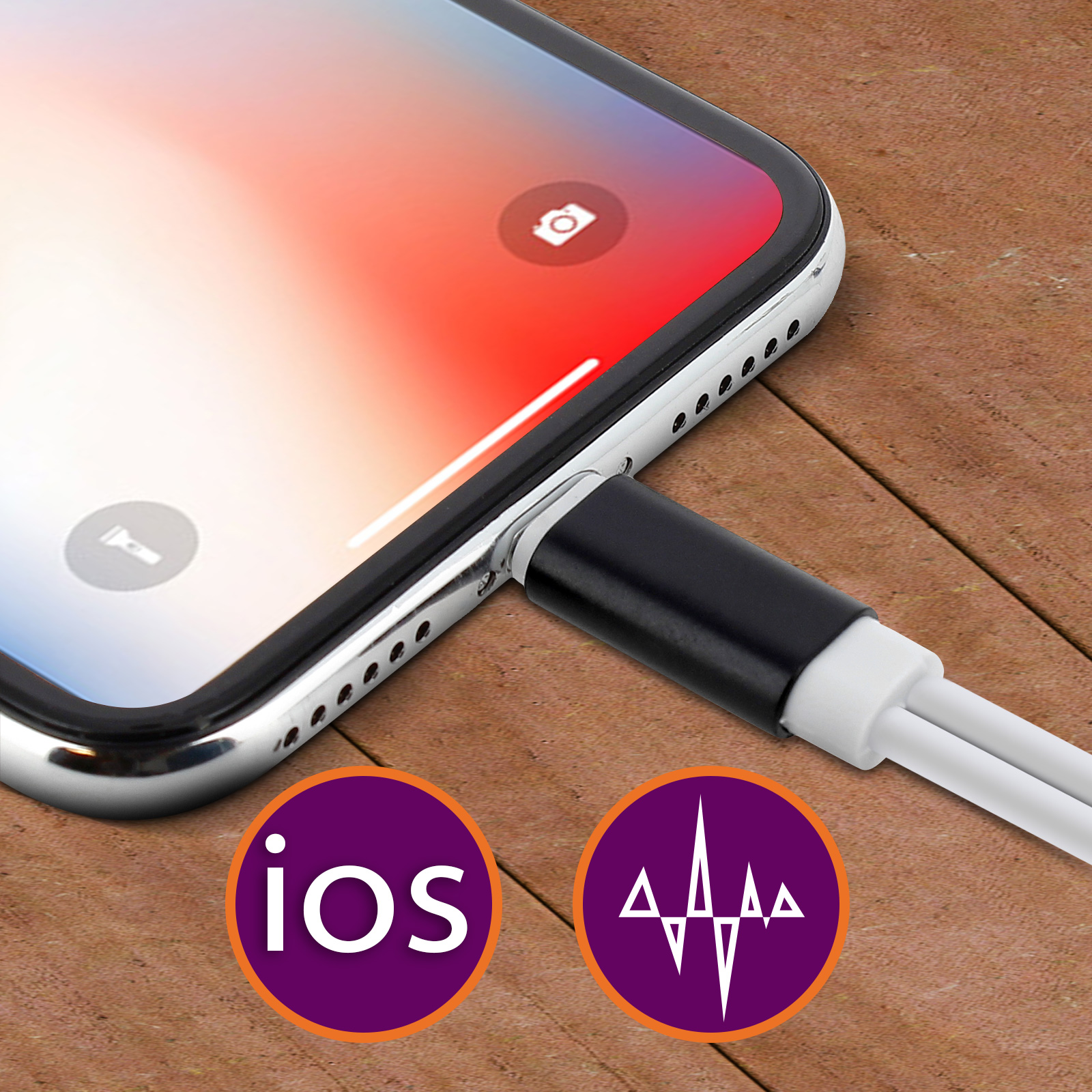 Primer plano de teléfono cargando con cable blanco. Se muestran iconos de iOS y ondas de sonido.