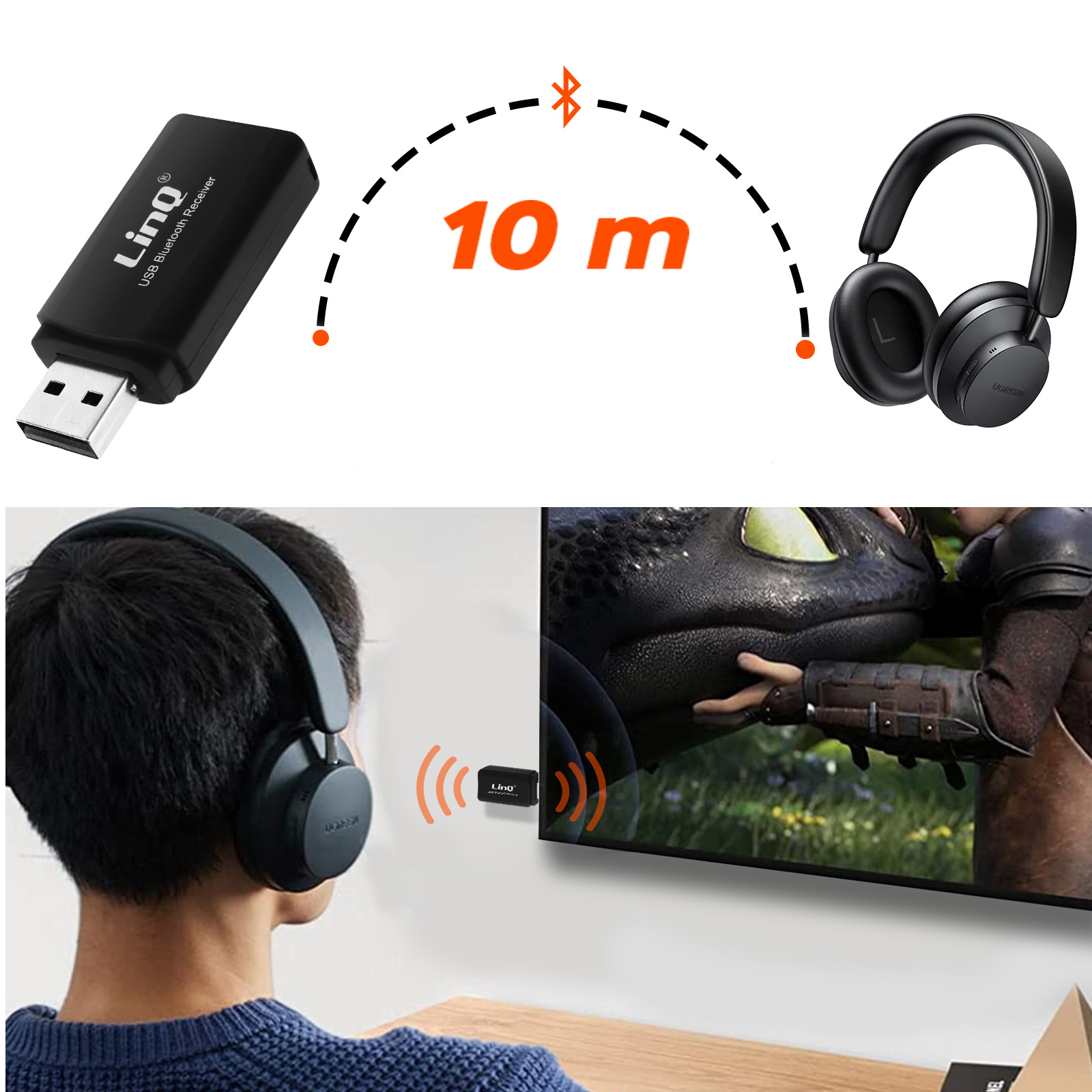 Un ricevitore USB nero e cuffie con portata di 10 m. Una persona con le cuffie guarda la TV.