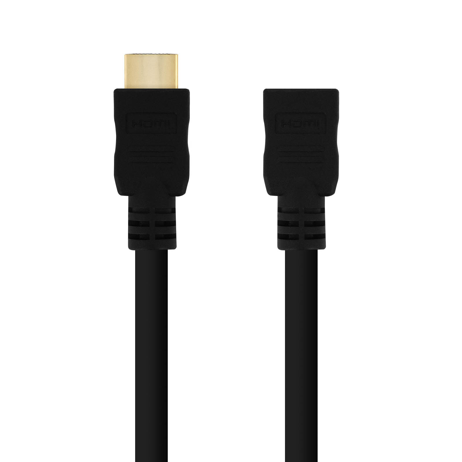 Cavo HDMI nero con connettori dorati. Due connettori sono visibili. Il cavo è dritto.