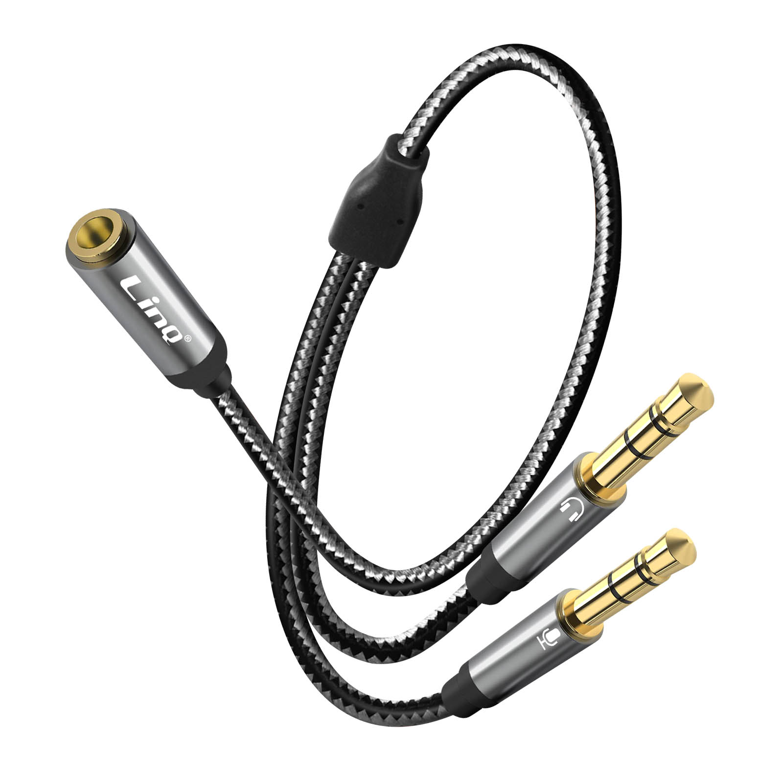 Un adaptador de conector de audio. El adaptador tiene dos conectores dorados. El cable tiene un patrón blanco y negro.