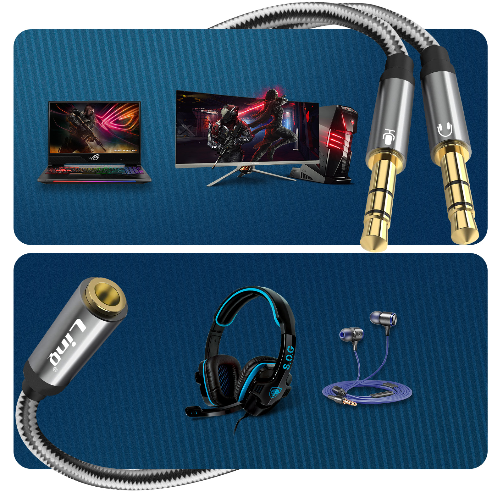 Múltiples dispositivos de audio, incluyendo adaptadores USB-C y 3,5 mm, auriculares y un portátil.