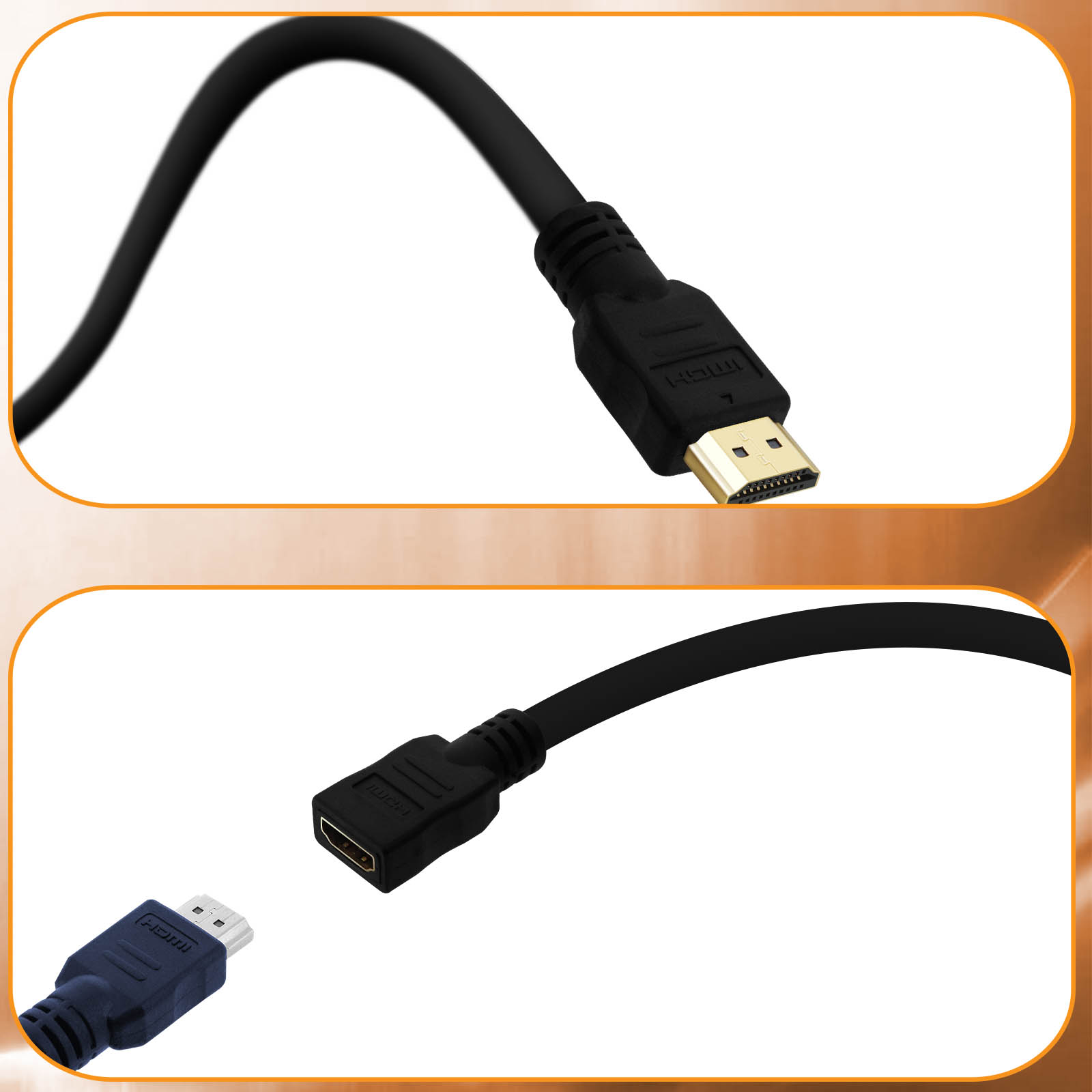 Primo piano di cavi HDMI neri con connettori dorati e neri, isolati su sfondo sfumato.