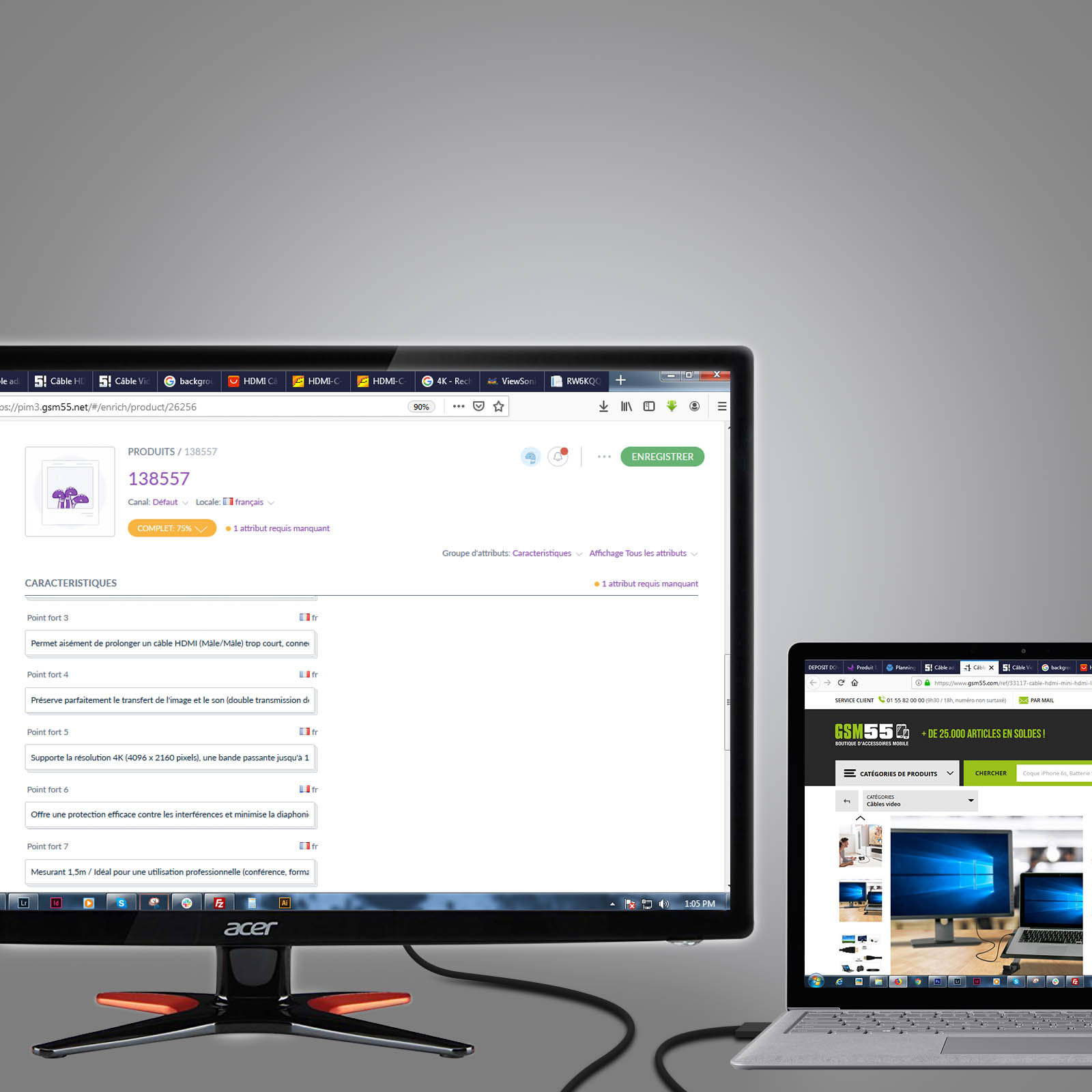 Due schermi di computer che mostrano pagine web. Lo schermo di sinistra mostra una pagina di prodotto.