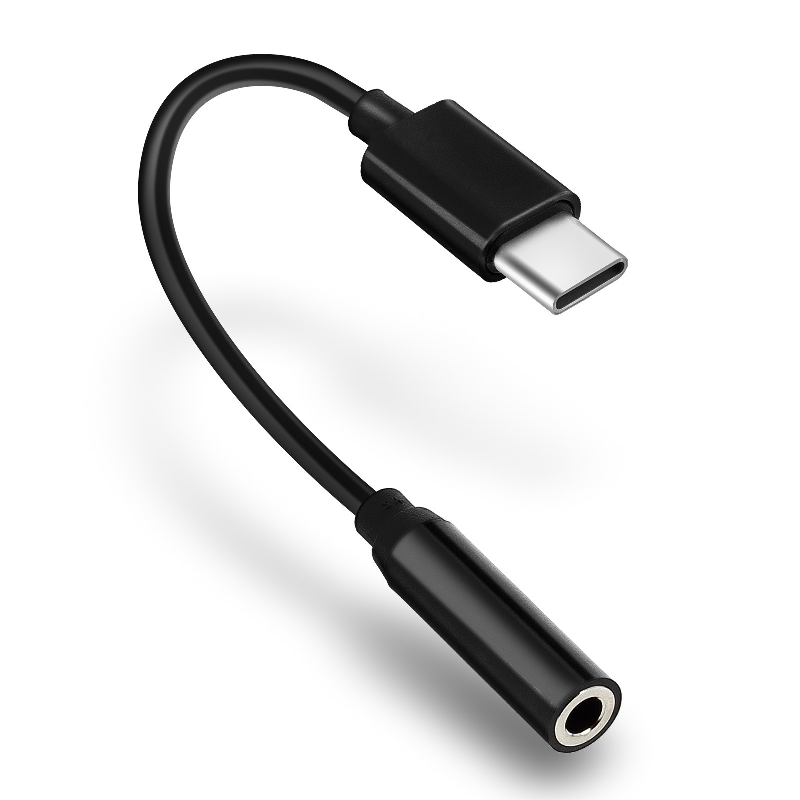 Adaptador de audio USB-C a 3,5 mm negro, aislado sobre fondo blanco.