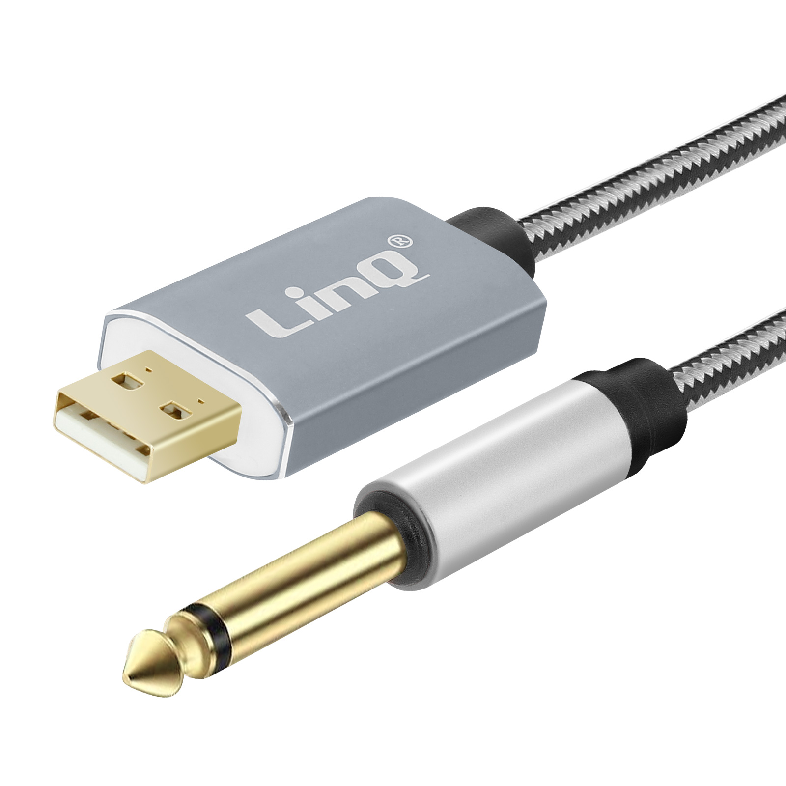Cable plateado con conectores USB y jack. 'LinQ' escrito en la cabeza del cable.
