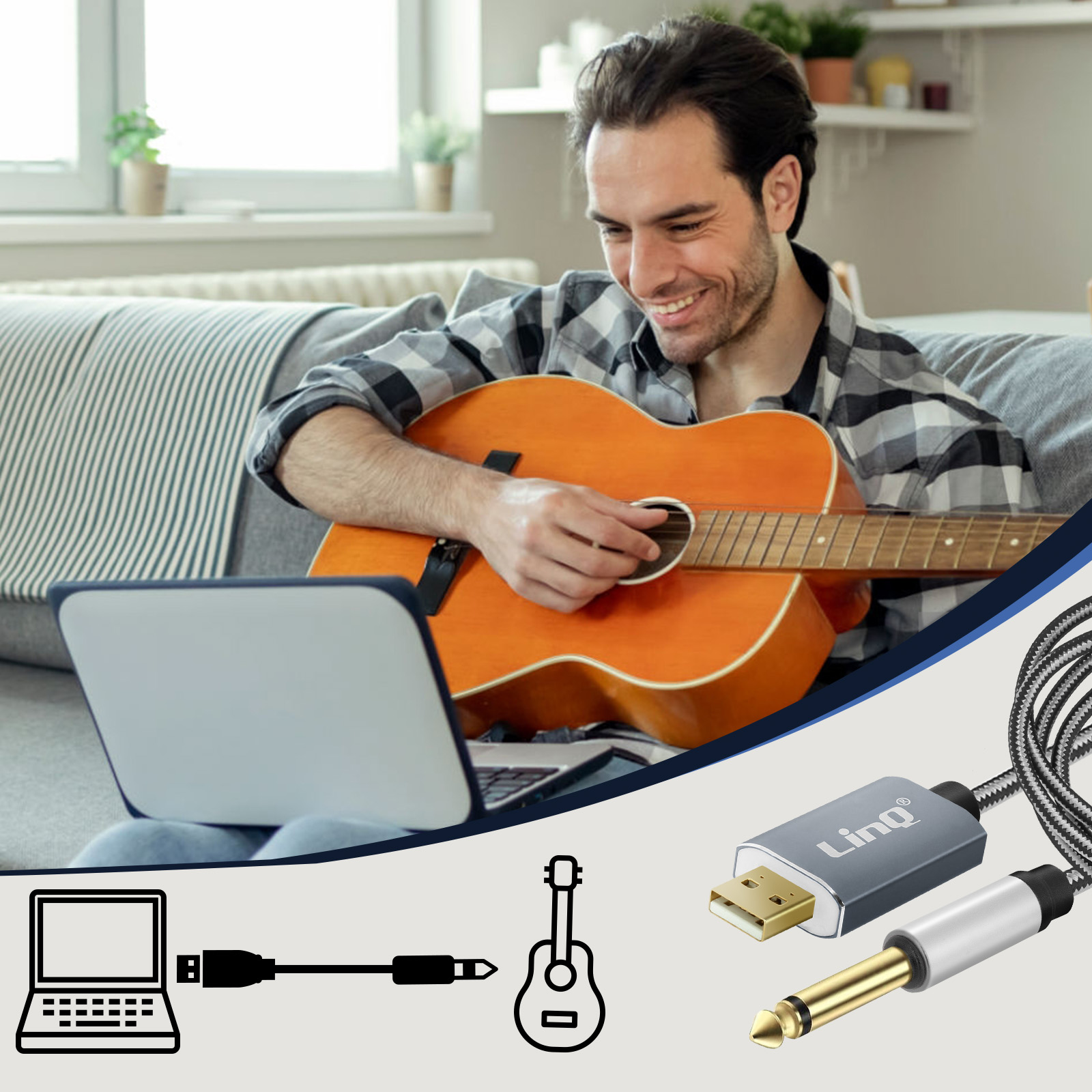 Un hombre tocando la guitarra, conectado a una laptop con cables de audio y un icono de guitarra.