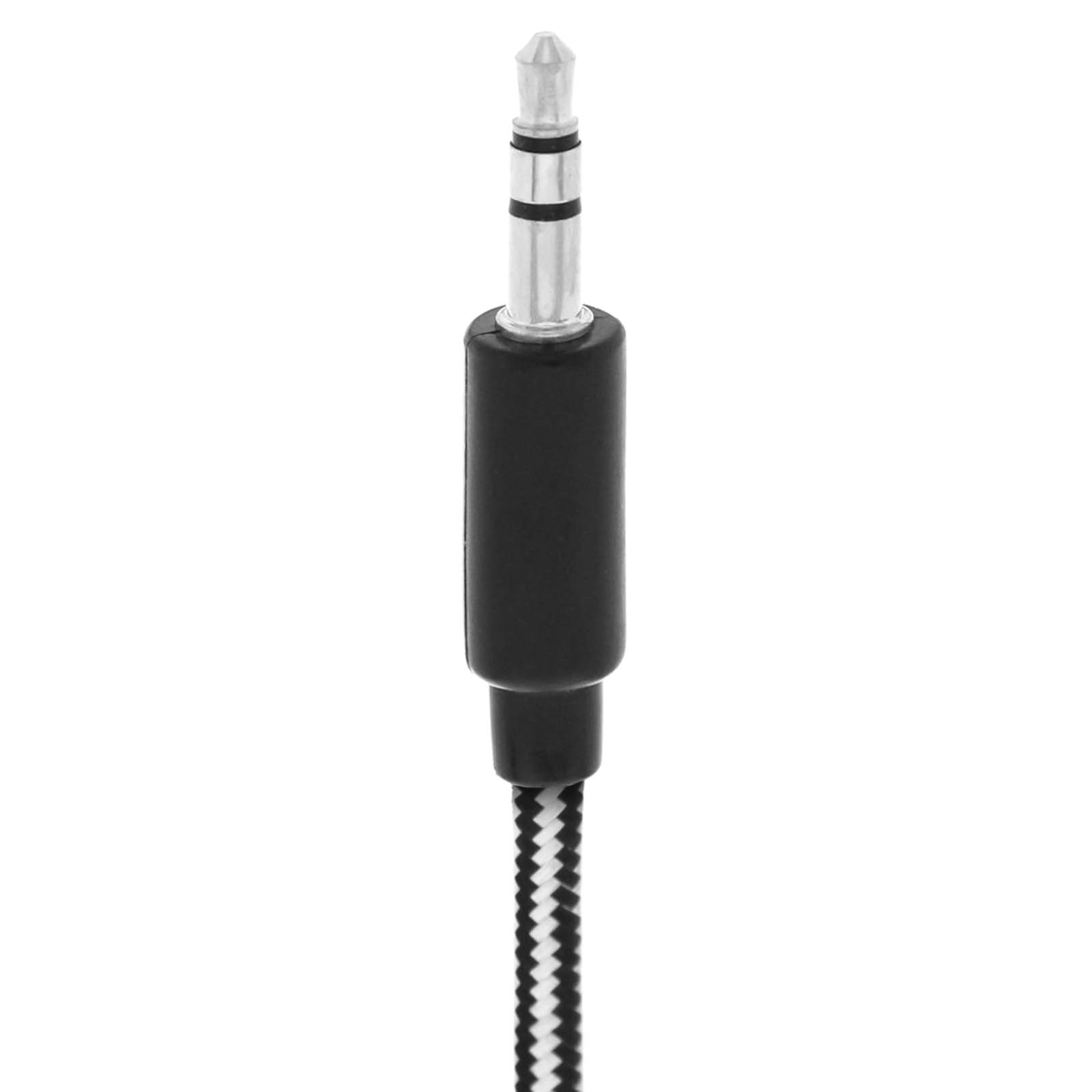 Primer plano de un conector de audio con un cable a rayas blanco y negro.