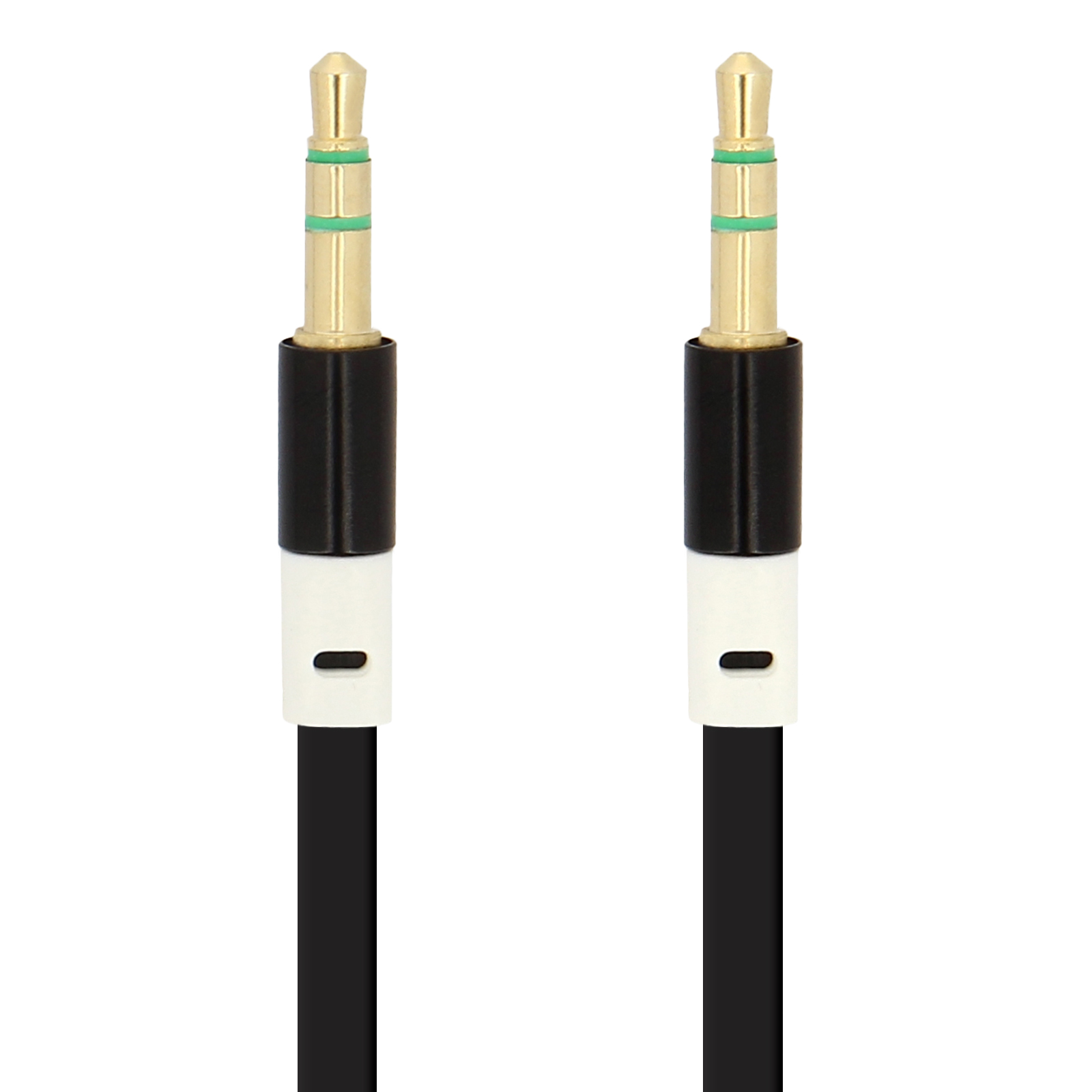 Dos cables de audio con punta dorada, blanco y negro, se ven de cerca.