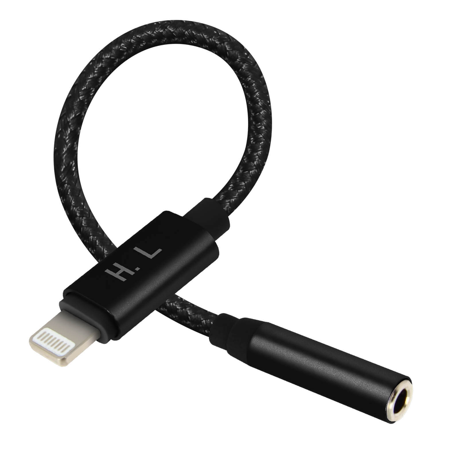 Cavo adattatore audio nero con connettore Lightning e jack.