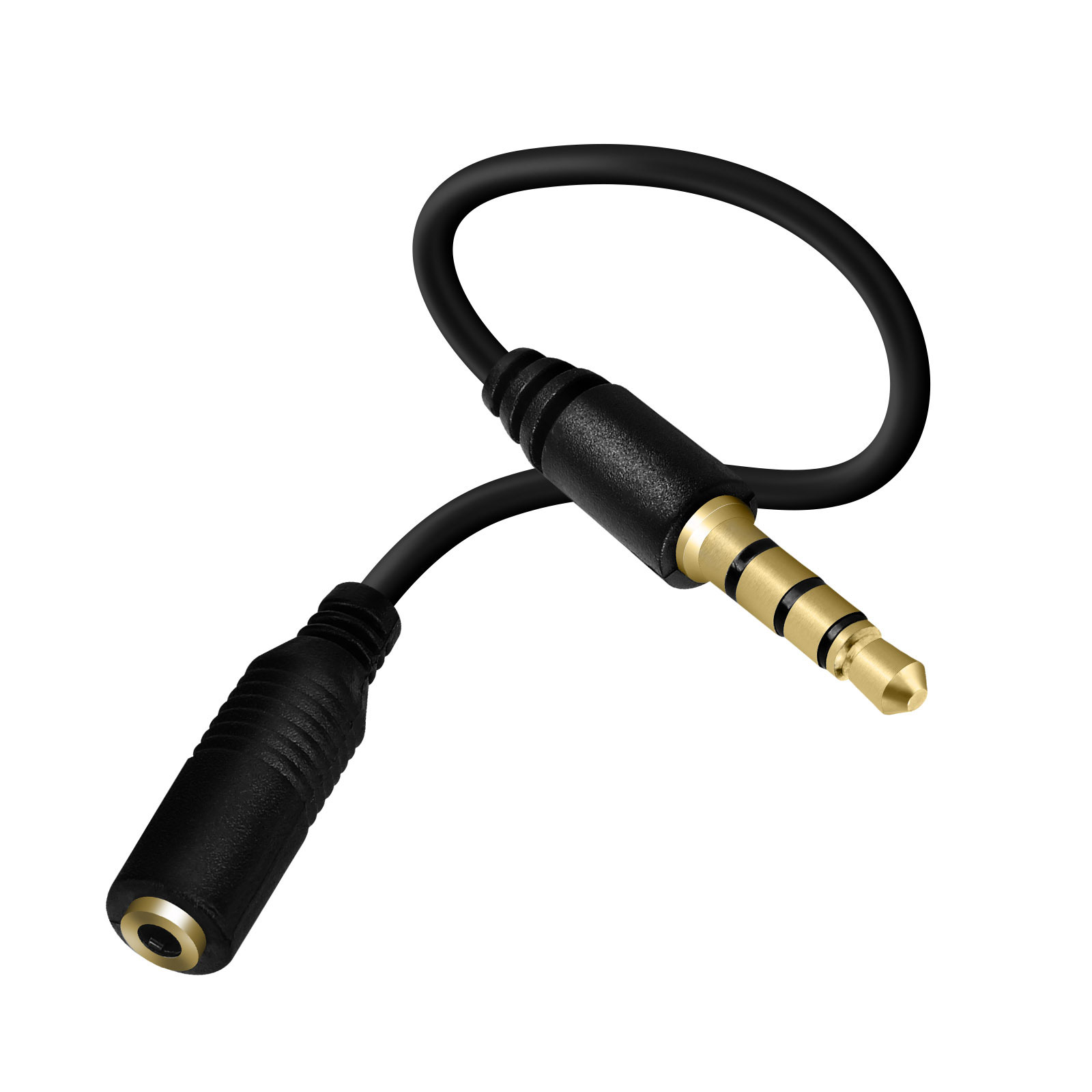 Jack audio nero da 3,5 mm a un connettore femmina. Il jack dorato è visibile.