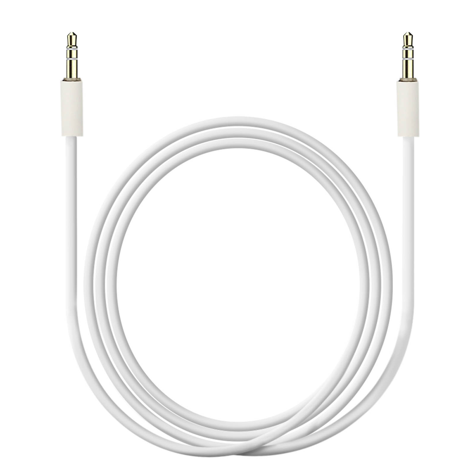 Un cavo audio bianco è arrotolato. Due jack argentati sono a ciascuna estremità del cavo.