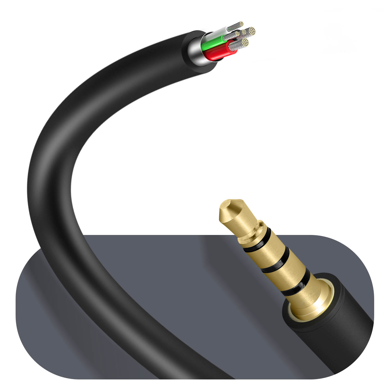 Un cavo nero mostra i suoi fili interni e termina con un jack per cuffie dorato.
