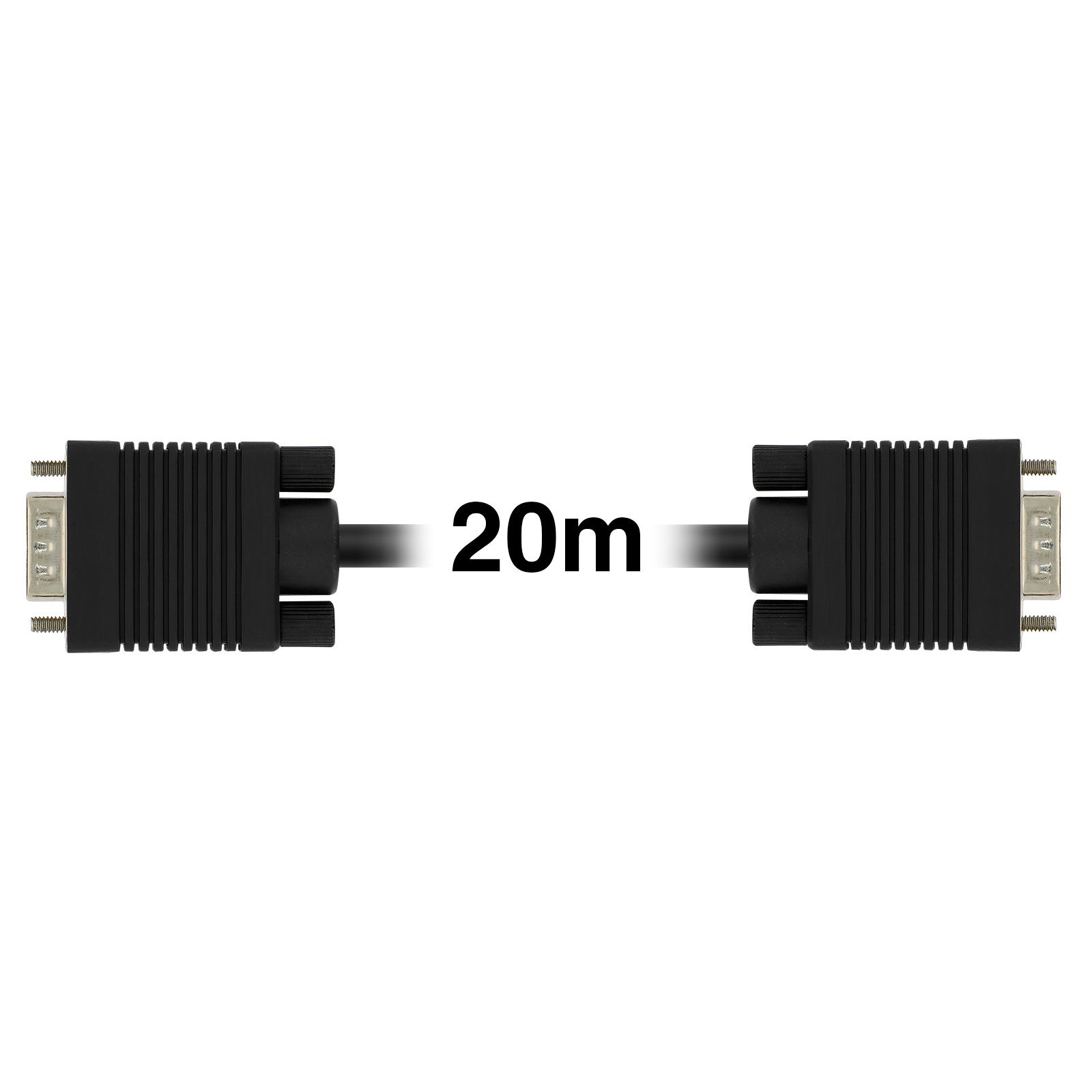 Cable VGA negro. El cable está conectado a dos conectores negros. Texto '20m' en el medio.