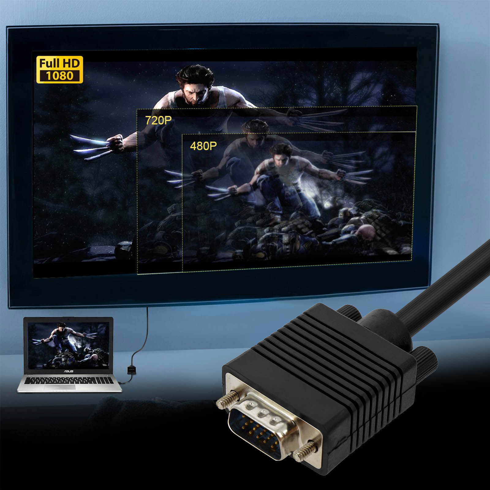 Schermo TV con scena di film, risoluzioni, laptop e cavo connettore VGA.