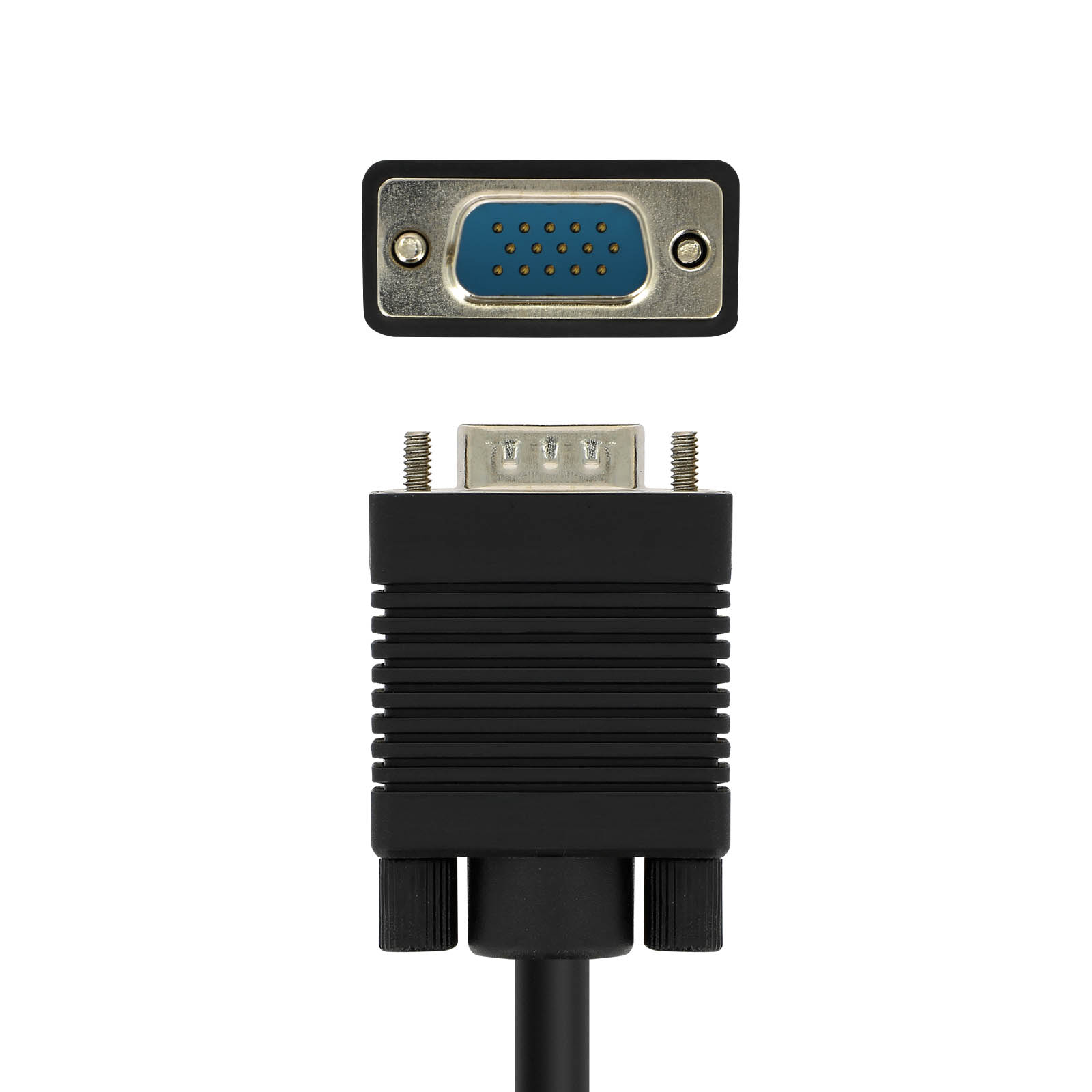 Un connettore VGA e una porta femmina corrispondente. Il connettore è nero con pin blu.