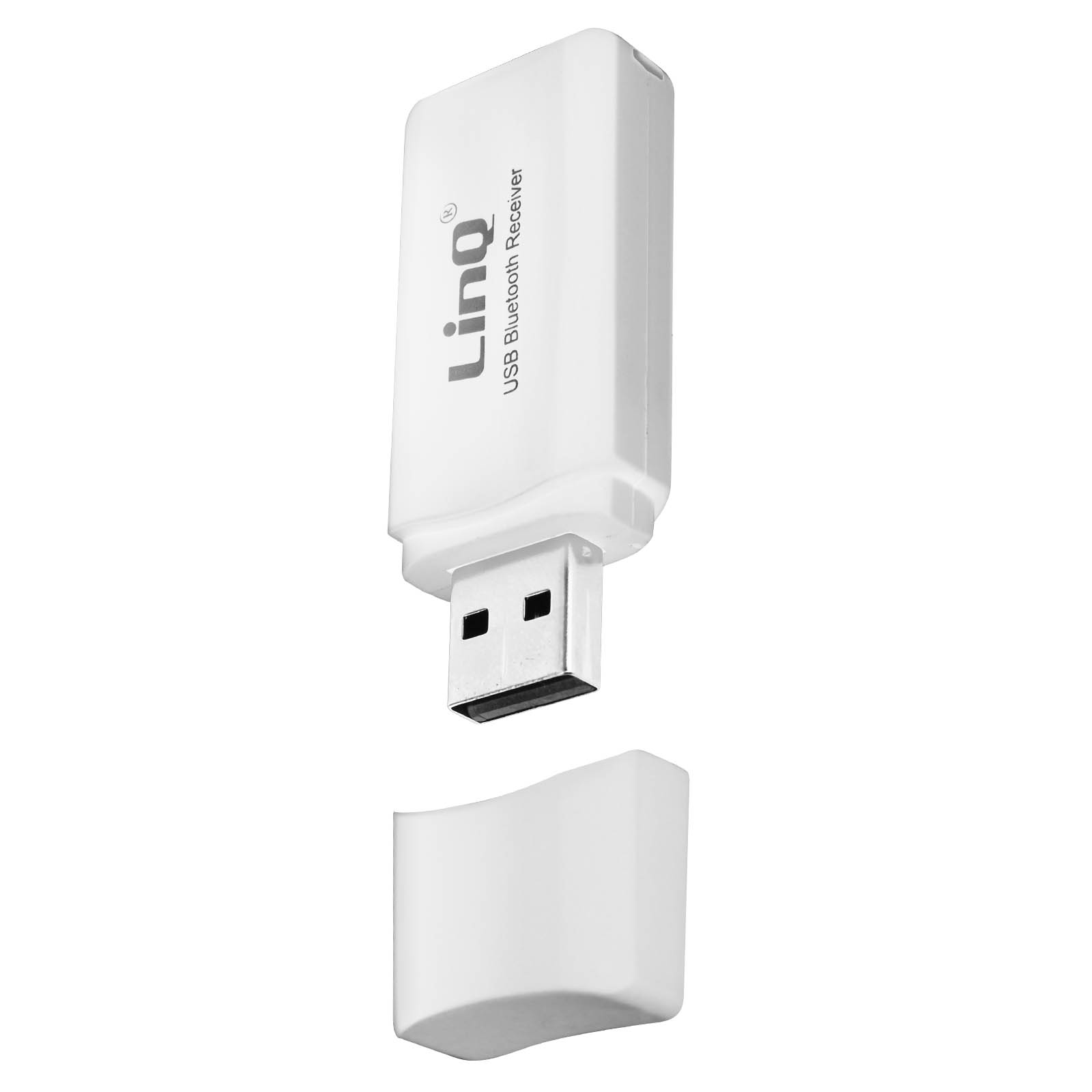 Un ricevitore Bluetooth USB Linq bianco con il suo cappuccio rimosso.
