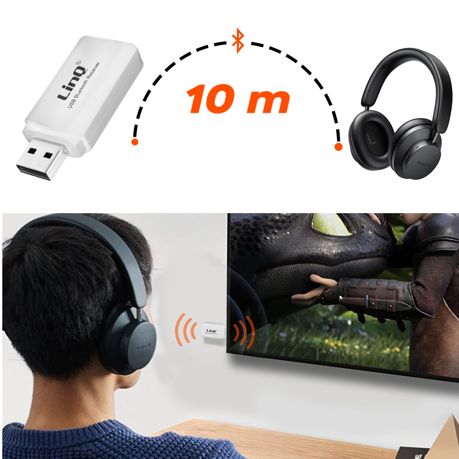 Un ricevitore Bluetooth USB e cuffie nere, con un indicatore di portata di 10 m.