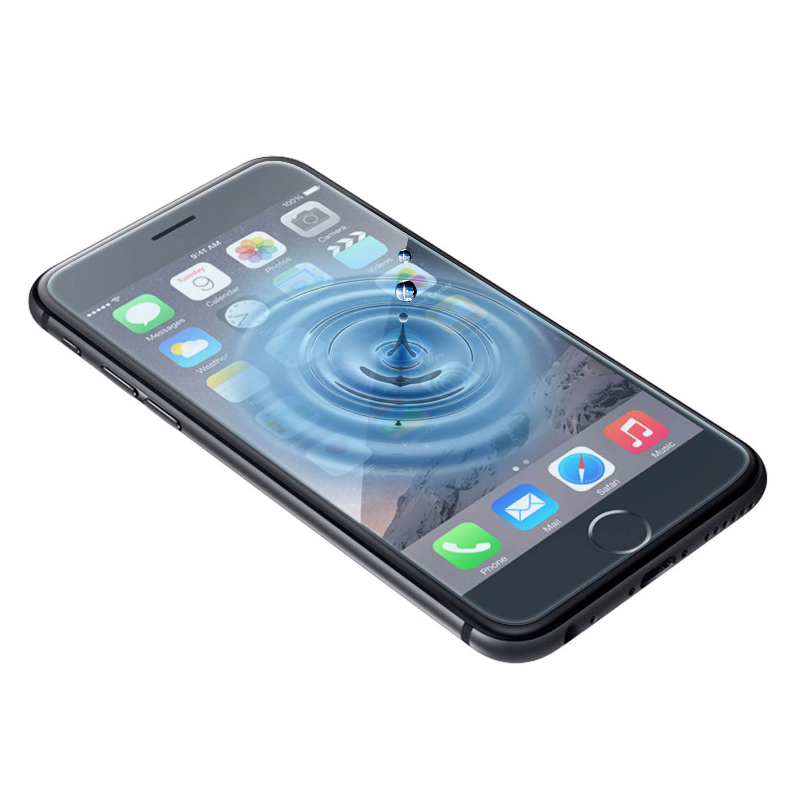 Uno smartphone con effetto goccia d'acqua sullo schermo. Icone visibili. Design elegante, cornice nera, sfondo bianco.