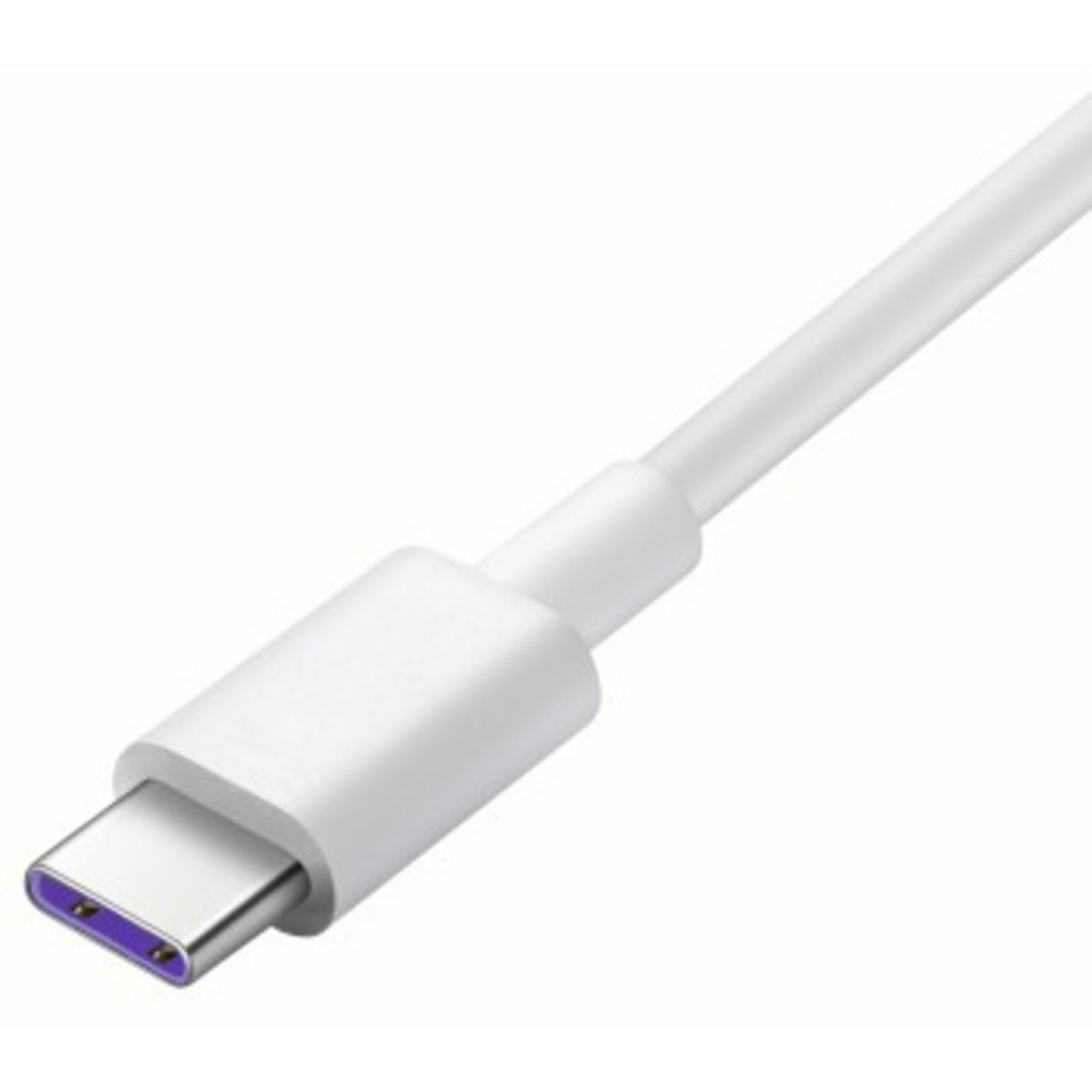 Cable USB-C blanco con un conector blanco y un extremo de conector morado.