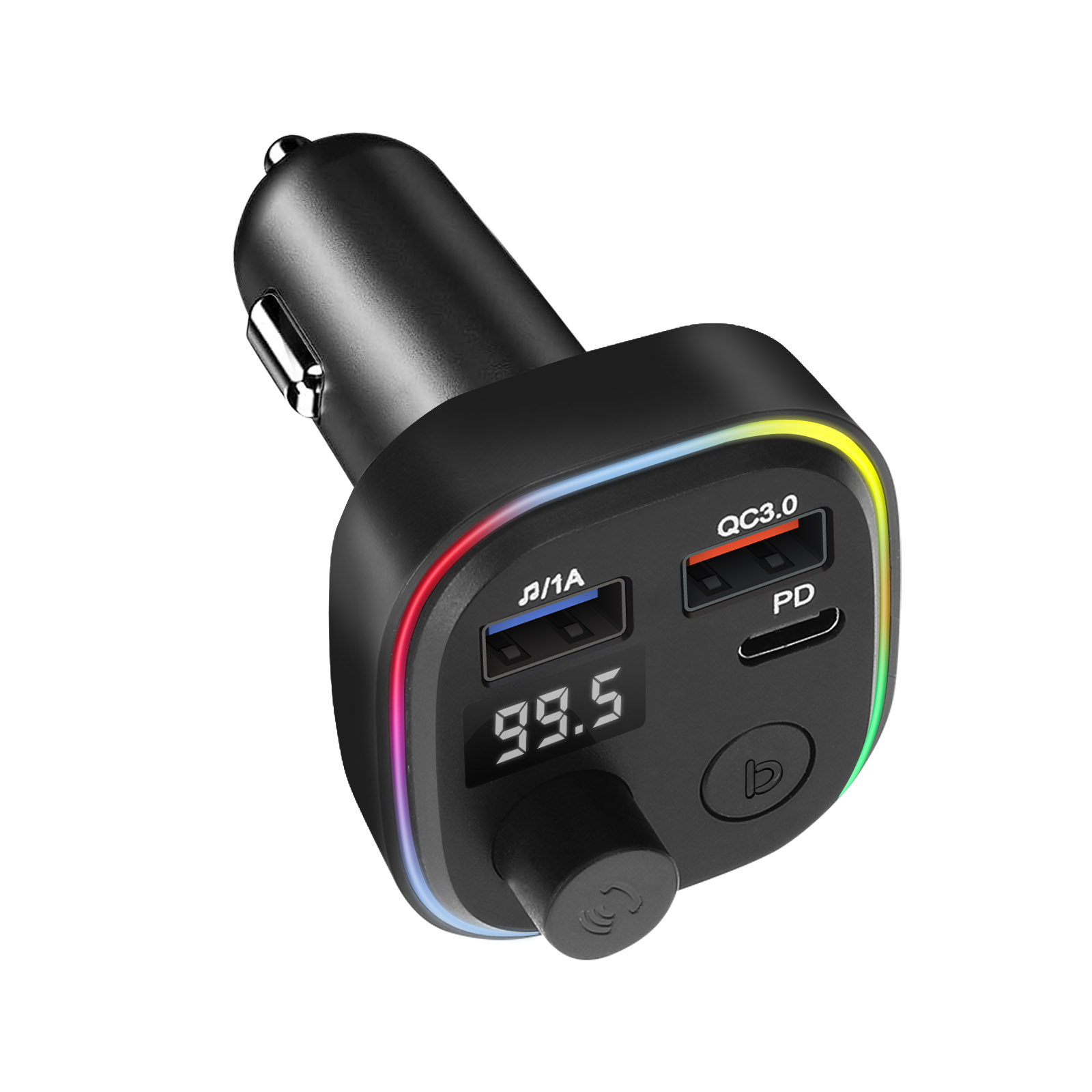 Schwarzes Autoladegerät mit USB-Anschlüssen und digitaler Anzeige mit '99.5'.