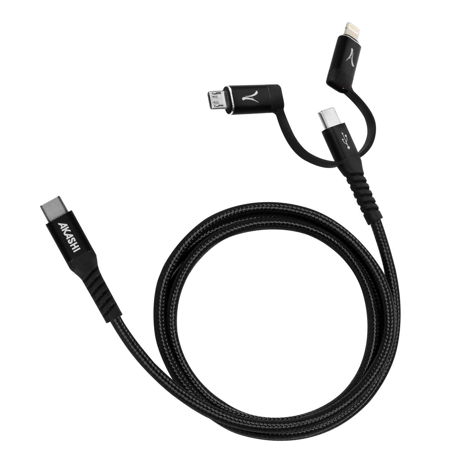 Schwarze Ladekabel mit mehreren Anschlüssen. Der Hintergrund ist weiß.