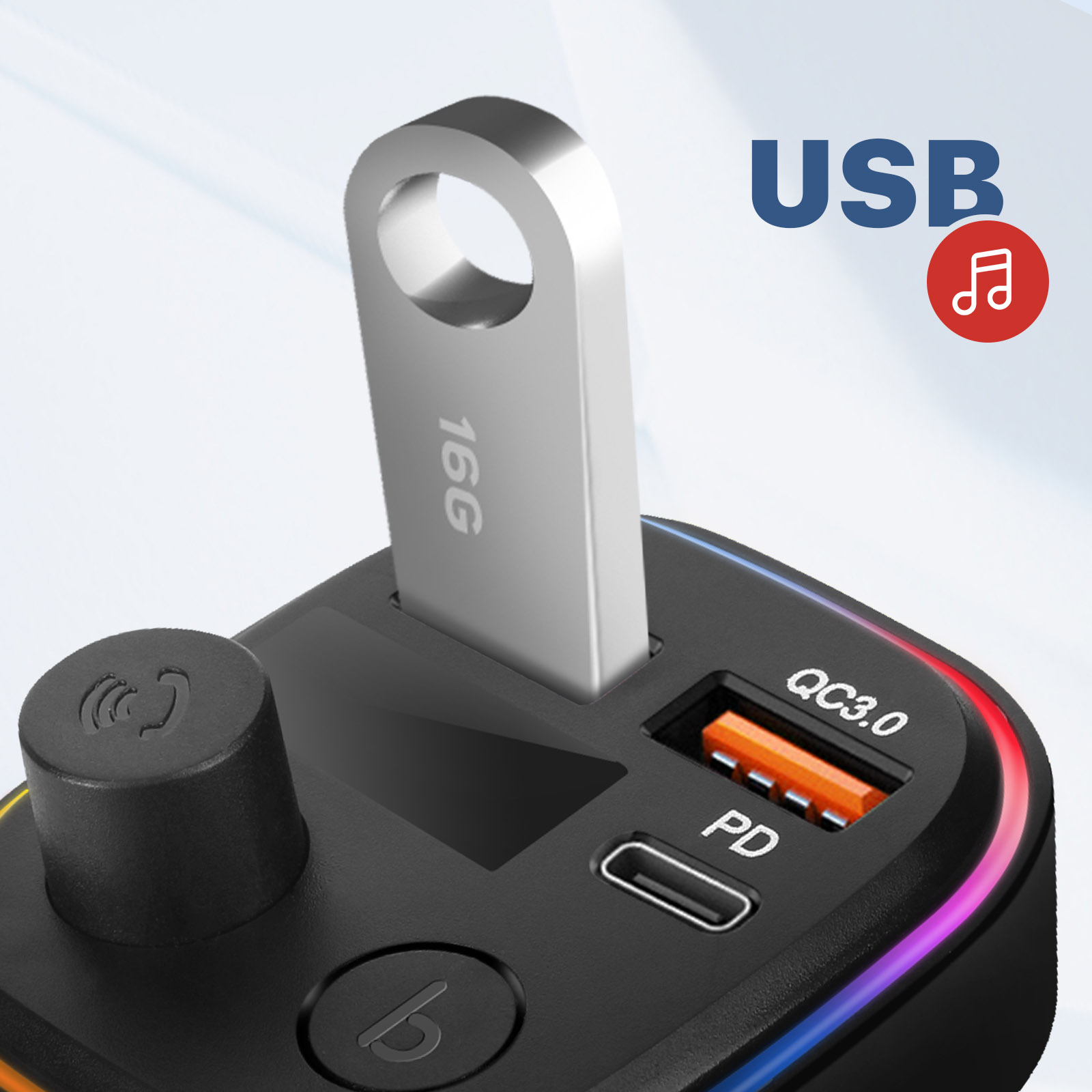 Schwarzes USB-Ladegerät mit einem 16G USB-Laufwerk. Auf der Seite befindet sich ein rotes Musiknotensymbol.