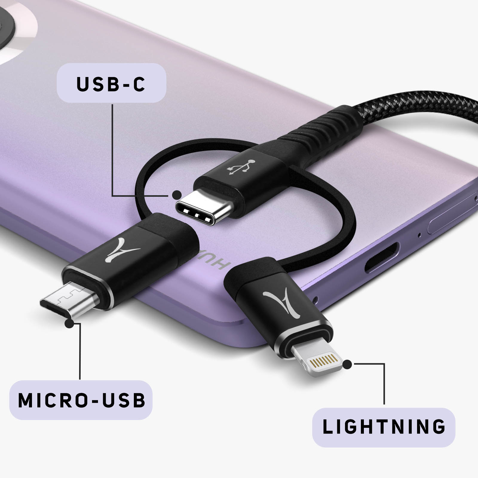 Ein Telefon auf einer violetten Oberfläche mit drei verschiedenen Anschlusstypen: USB-C, Micro-USB und Lightning.