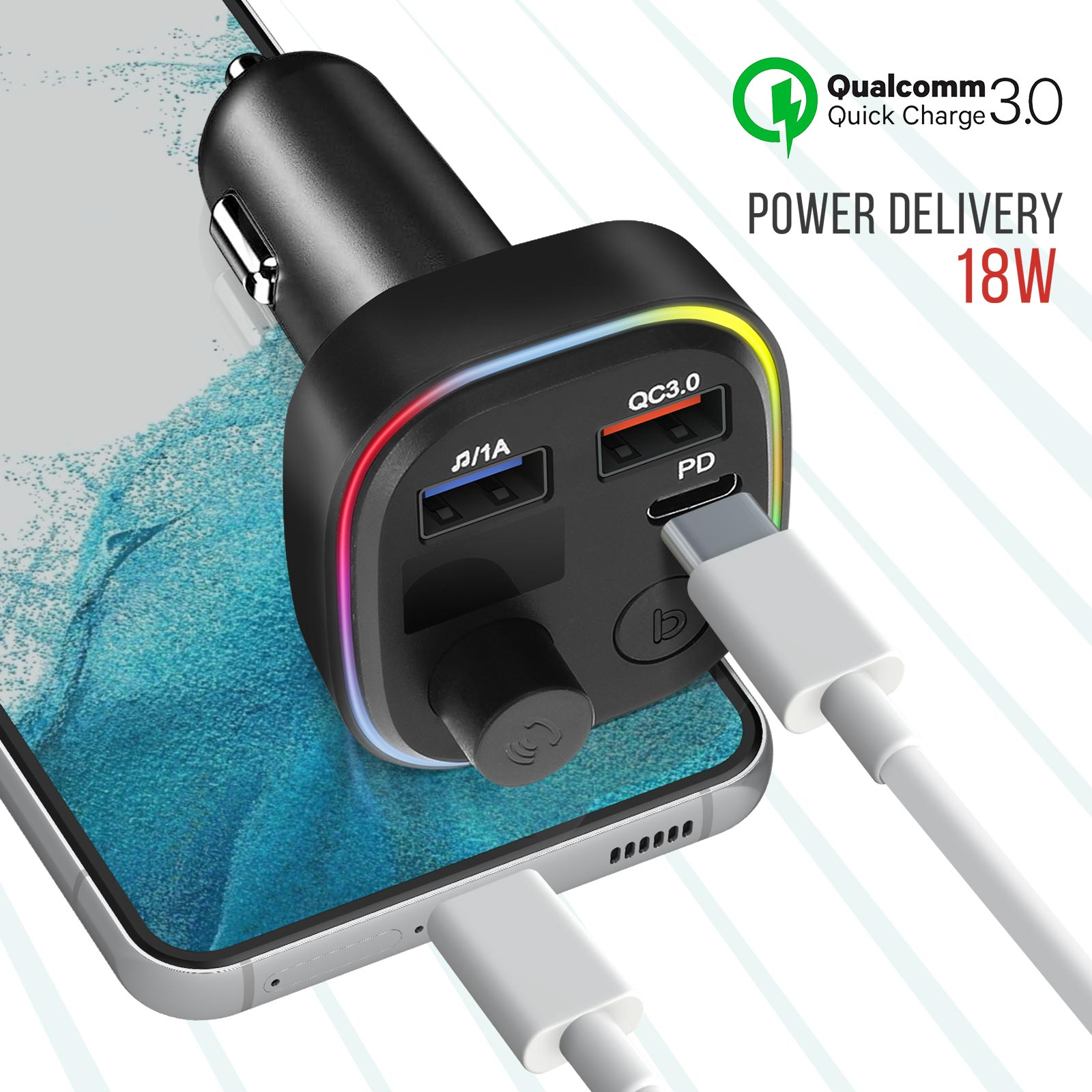 Ein schwarzes Autoladegerät mit USB-Anschlüssen. Ein weißes Kabel ist an ein Telefon angeschlossen.