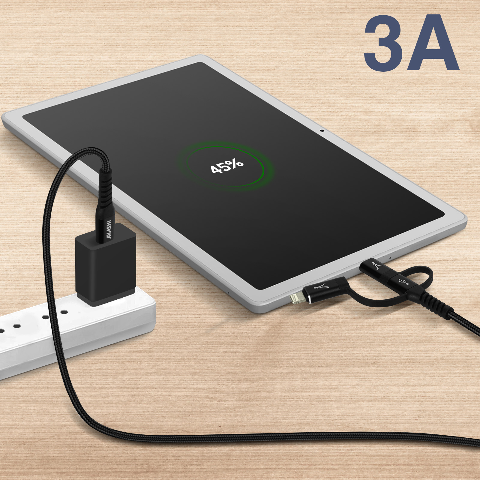 Tablet lädt auf Holzoberfläche mit Steckdosenleiste und 3A Ladegerät.