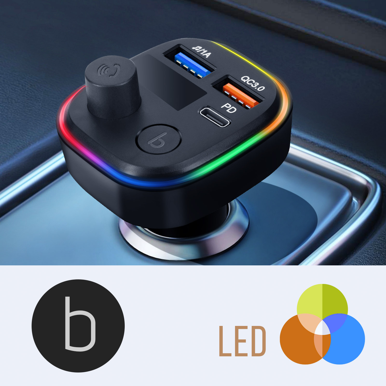 Schwarzes Autoladegerät mit mehreren Anschlüssen und farbenfrohem LED-Licht. Logos und Text sichtbar.