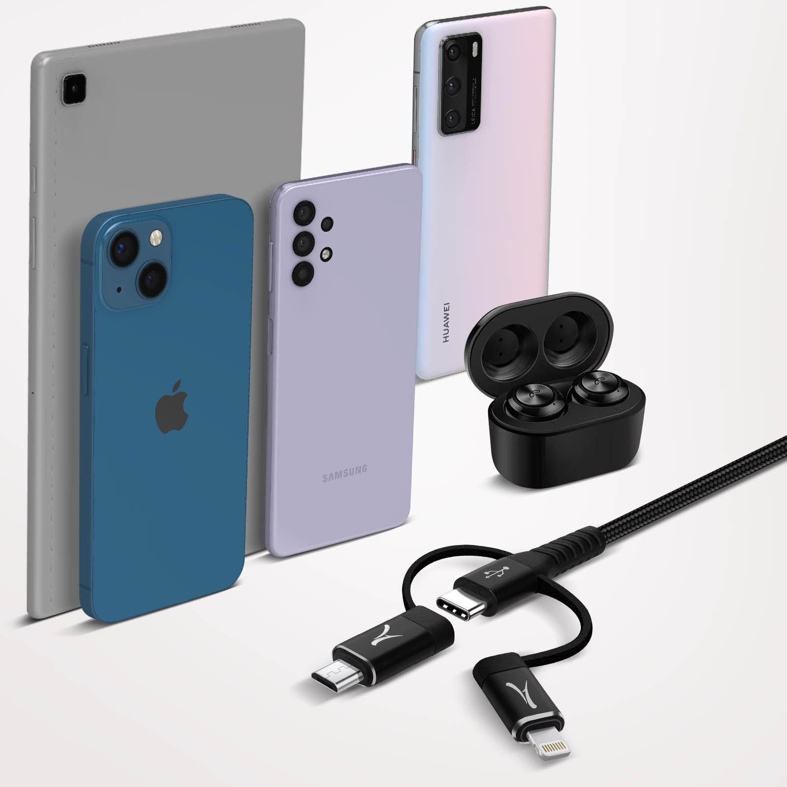 Verschiedene elektronische Geräte: ein Tablet, zwei Telefone, ein Paar Ohrhörer und ein Ladekabel mit Adaptern.