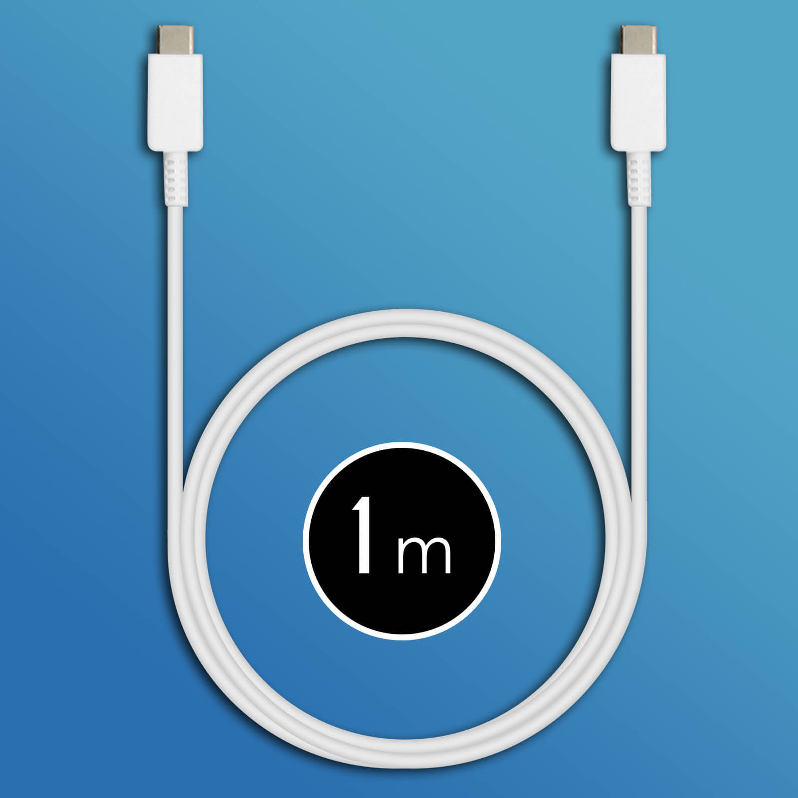 White USB-C cable, coiled, with '1m' in a black circle. Blue background.