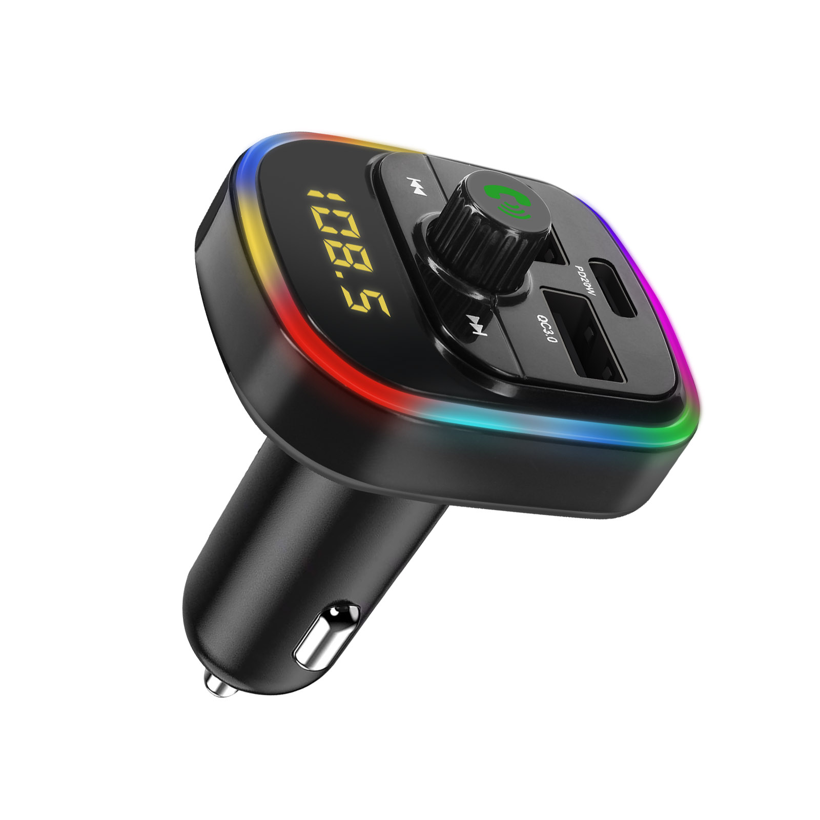 Caricabatterie per auto nero con un anello di luce a LED multicolore. Dispone di uno schermo e porte USB.