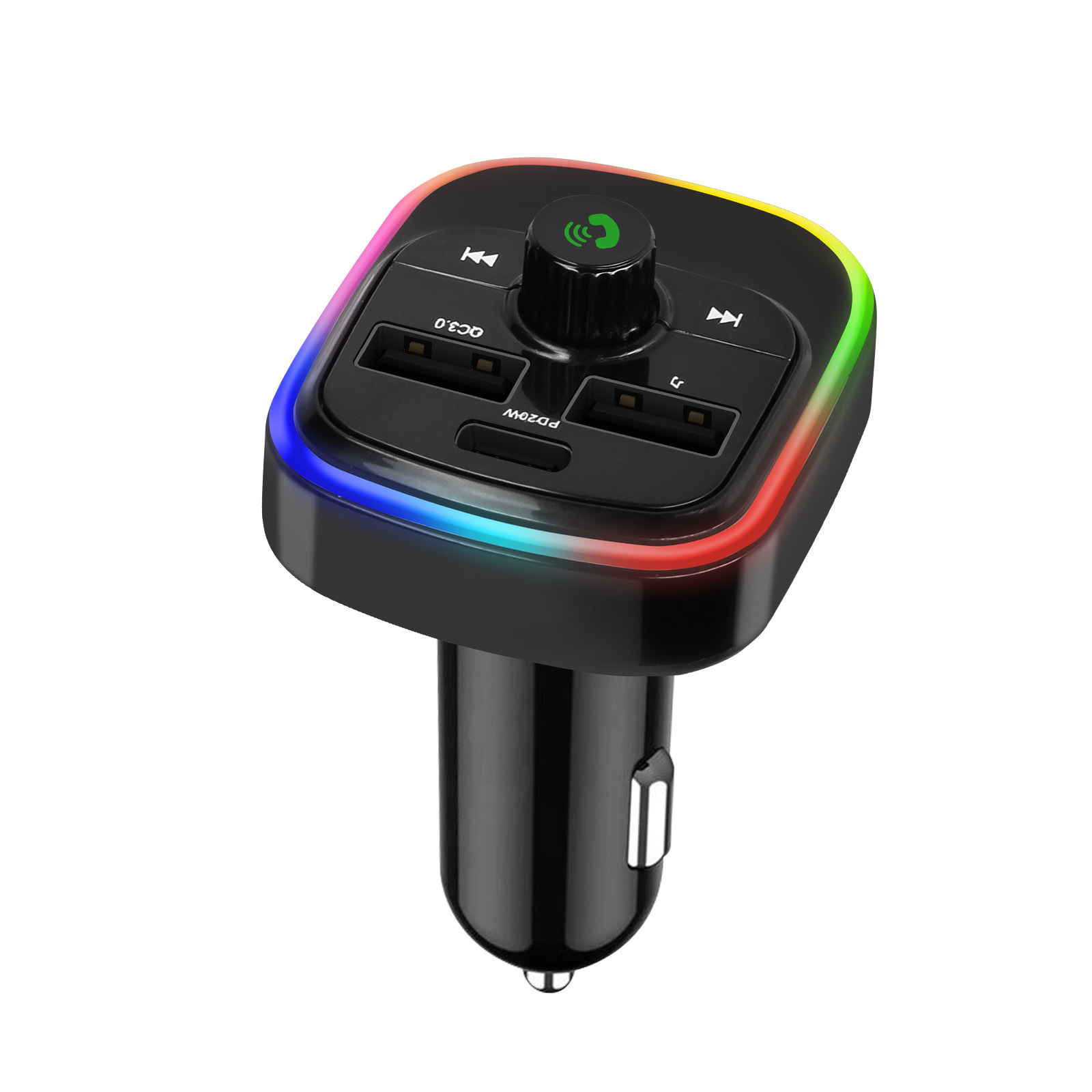Un caricabatteria per auto nero con luci colorate. Ha porte USB e pulsanti.