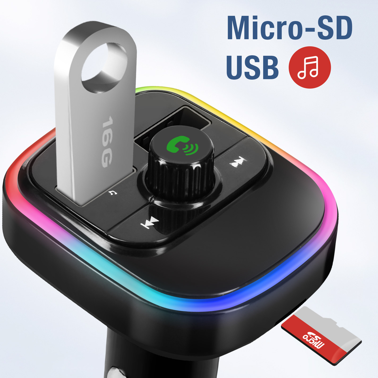 Dispositivo nero con slot USB e Micro-SD, chiavetta USB argentata inserita. Luci multicolori visibili.
