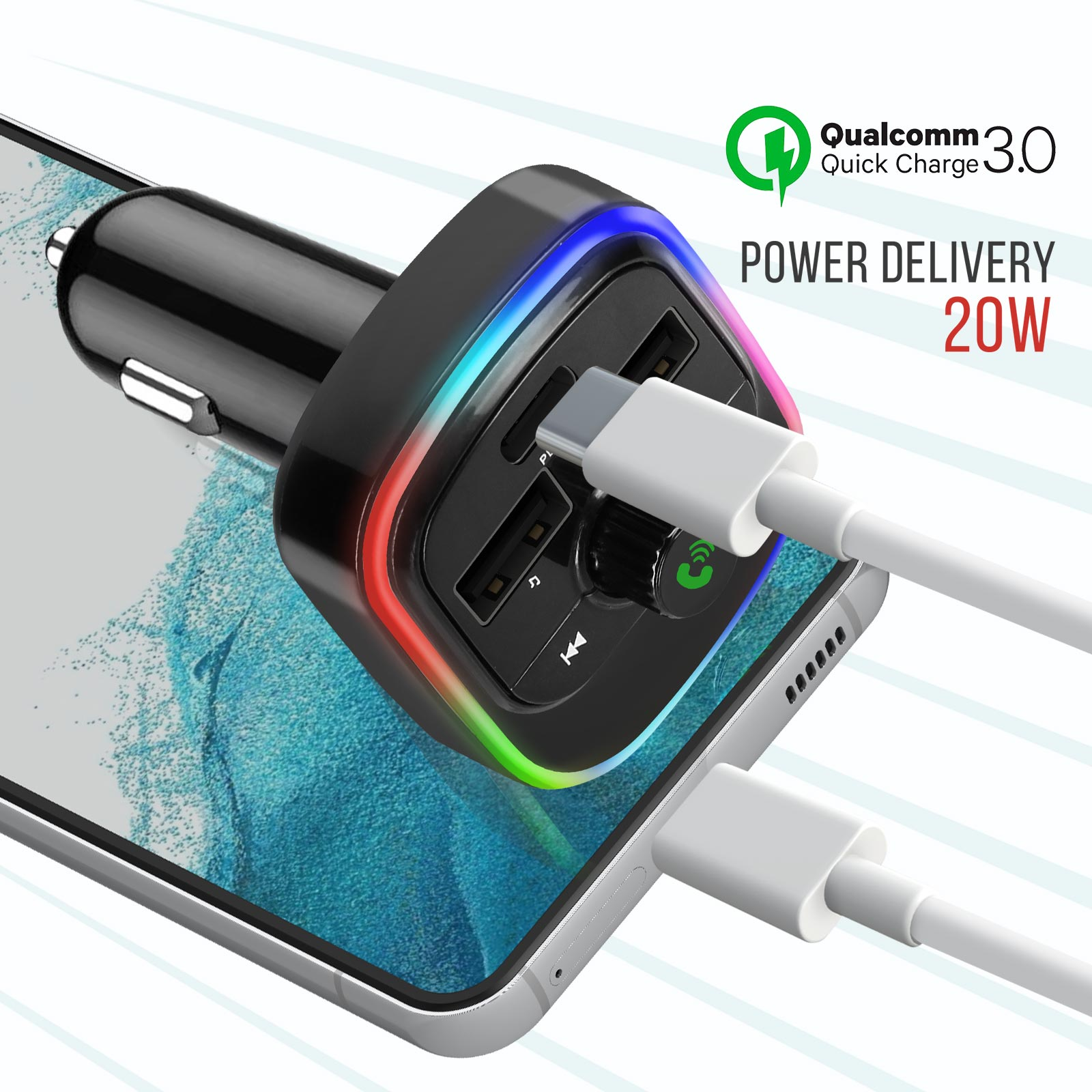 Un caricatore per auto nero con porte USB e un cavo bianco. Ha un logo Qualcomm Quick Charge e Power Delivery.
